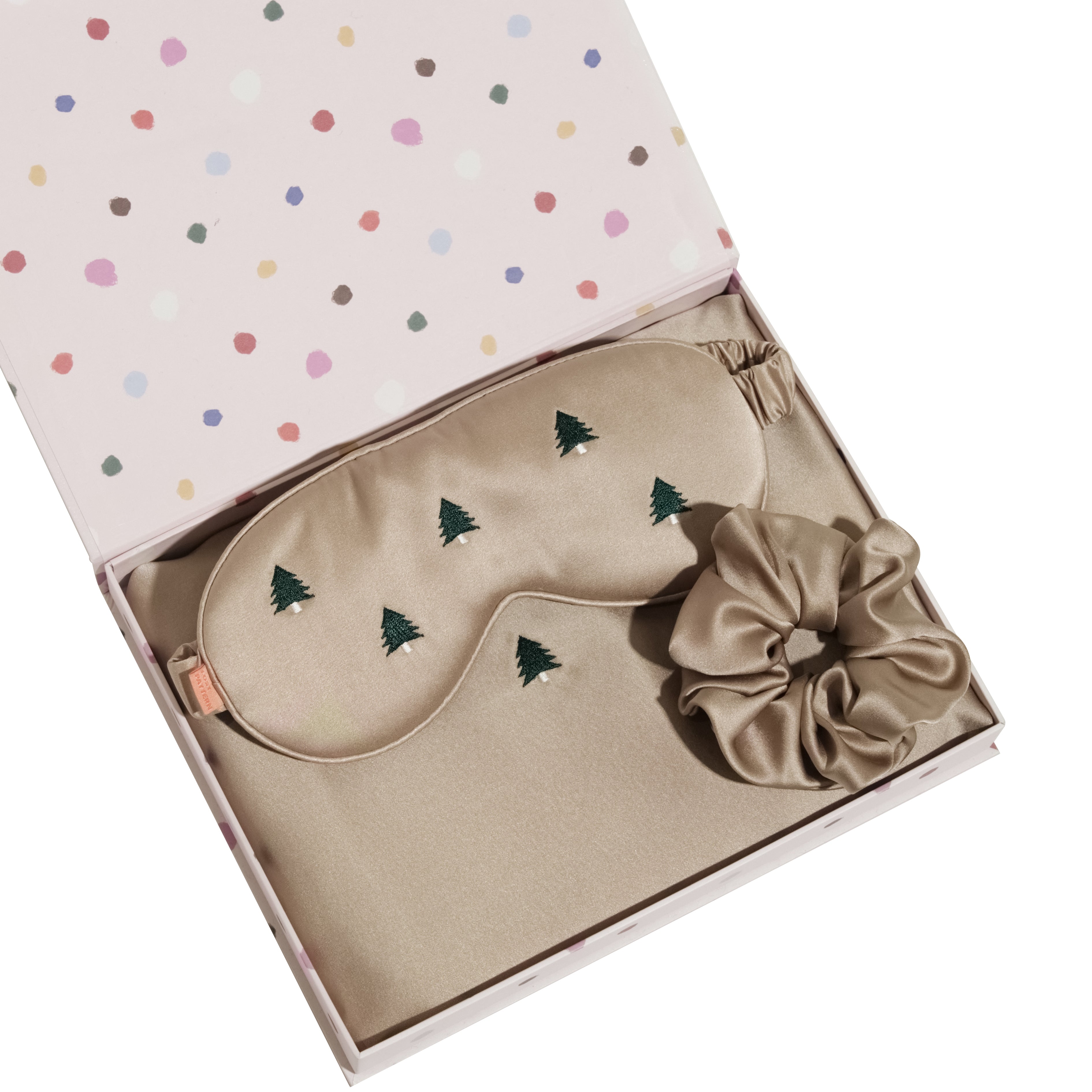 "Evergreen" 3 Piece Silk Gift Set - Silk Pillowcase & Silk Sleep Eye Mask & Silk Scrunchie - Khaki - LOST PATTERN Pillowcase