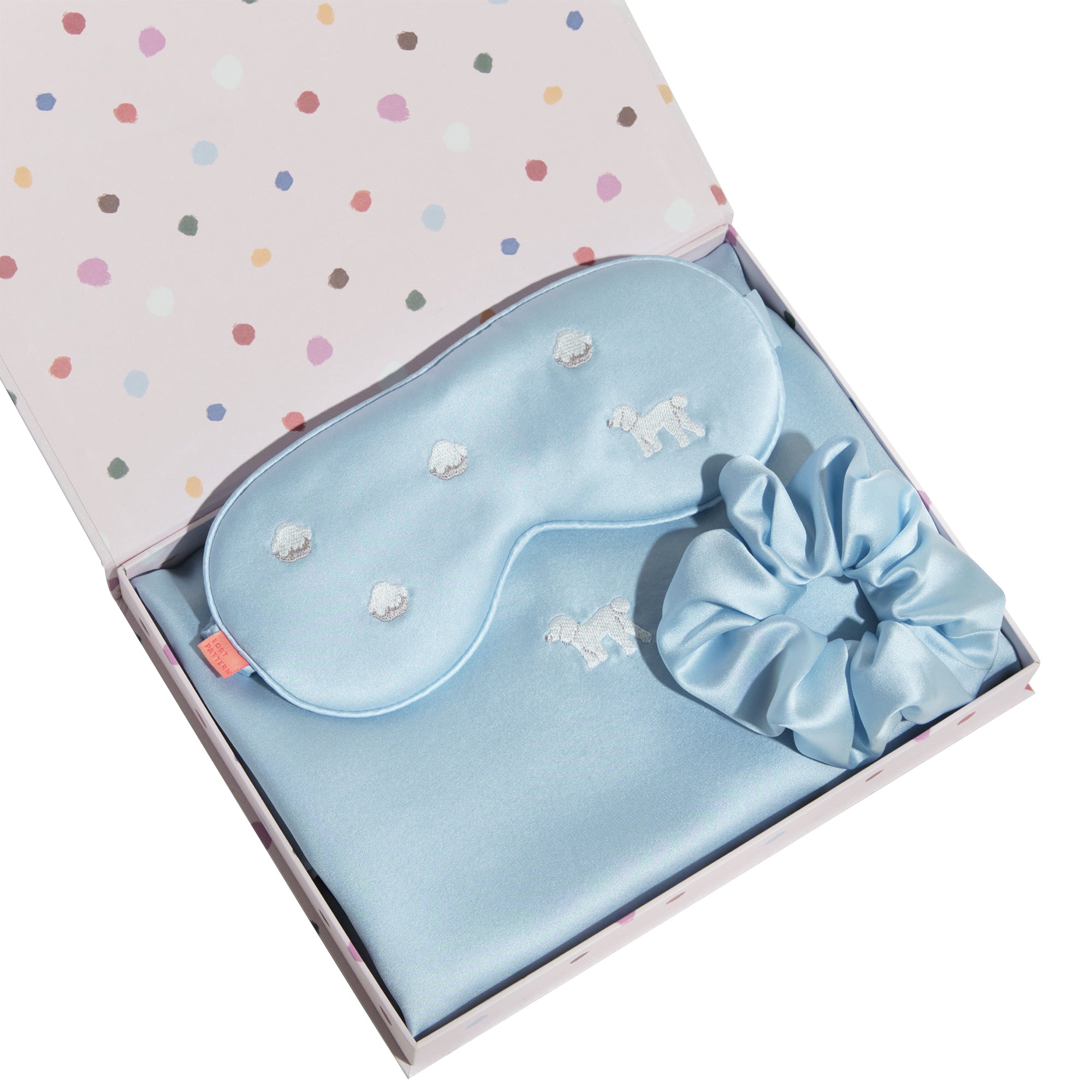 "Pan Pan" 3 Piece Silk Gift Set - Silk Pillowcase & Silk Sleep Eye Mask & Silk Scrunchie - Blue - LOST PATTERN Pillowcase