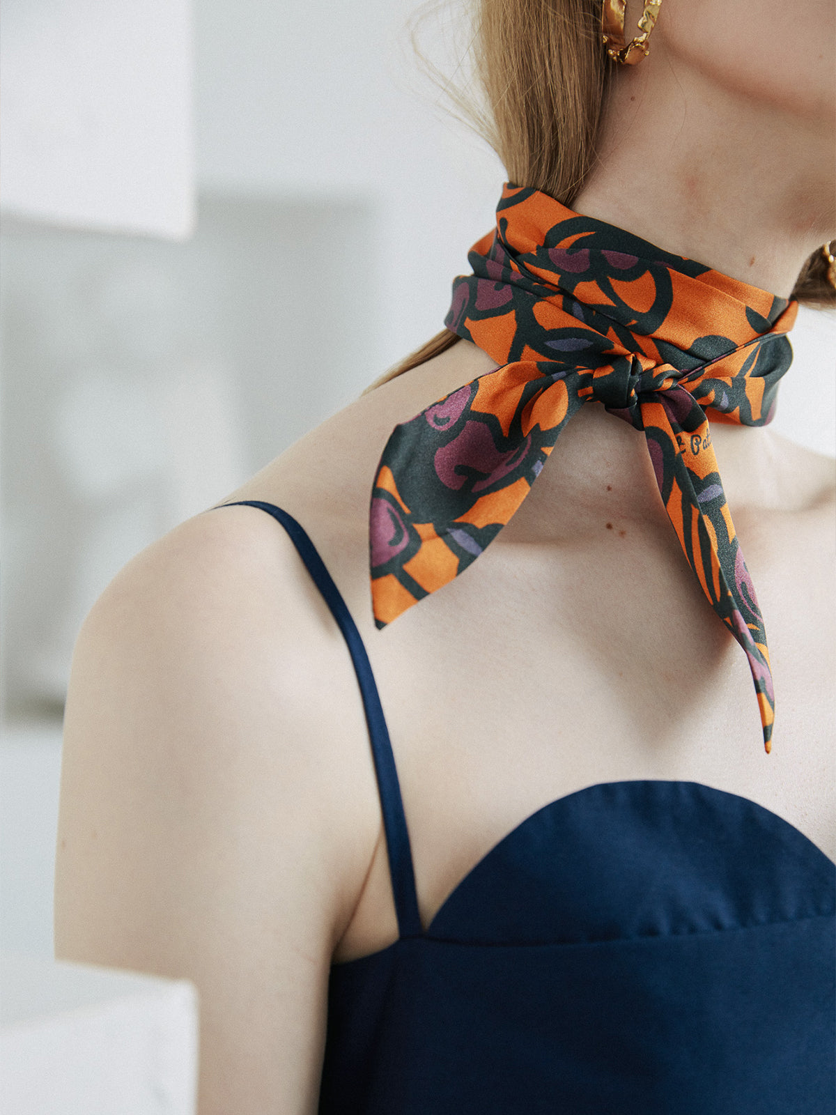 “Lost Cherries” Silk Skinny Scarf -  Pumpkin Orange