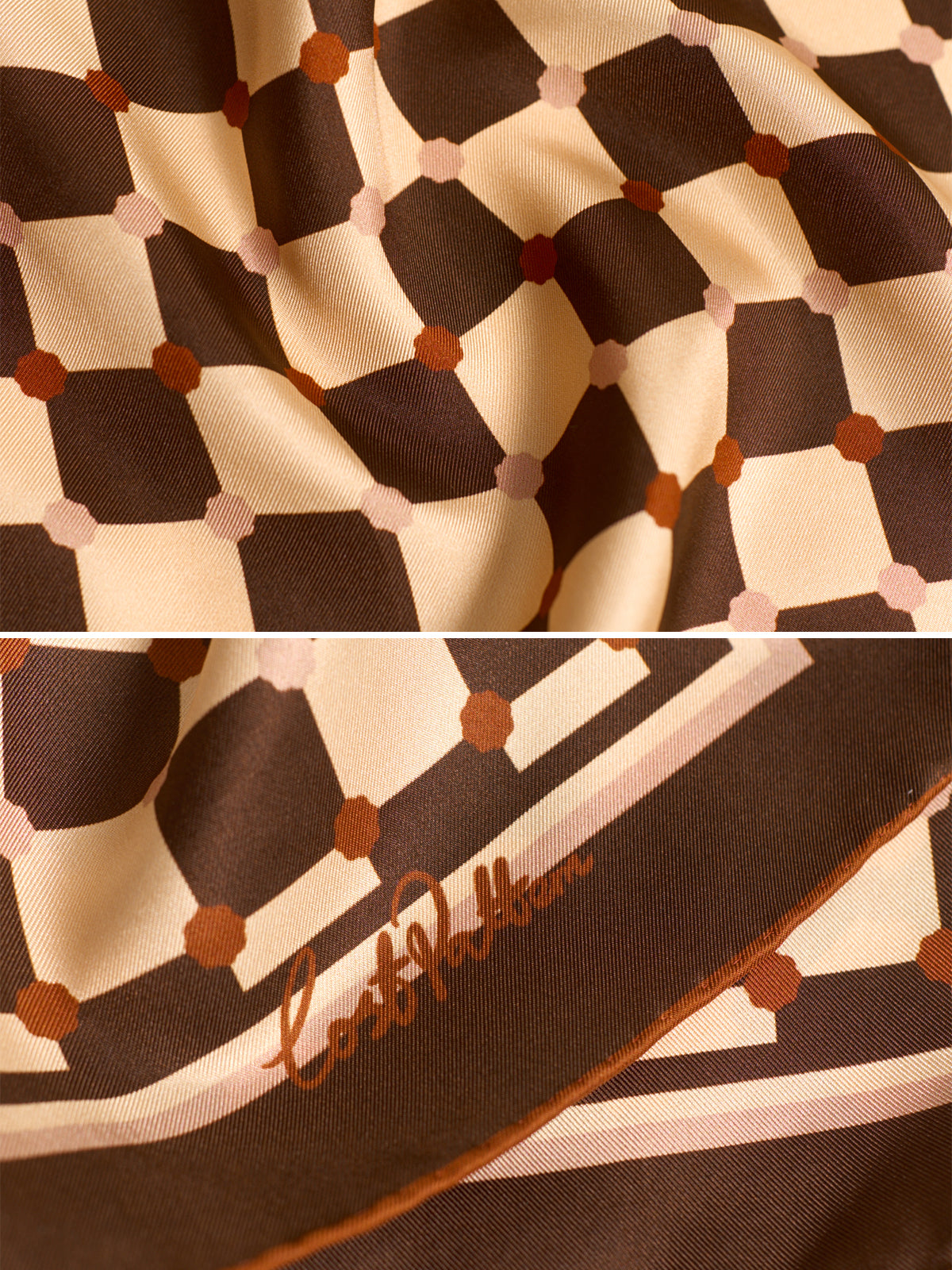 "Checkerboard" Silk Bandana Scarf - Coffee - Coffee - LOST PATTERN Silk Square Scarf