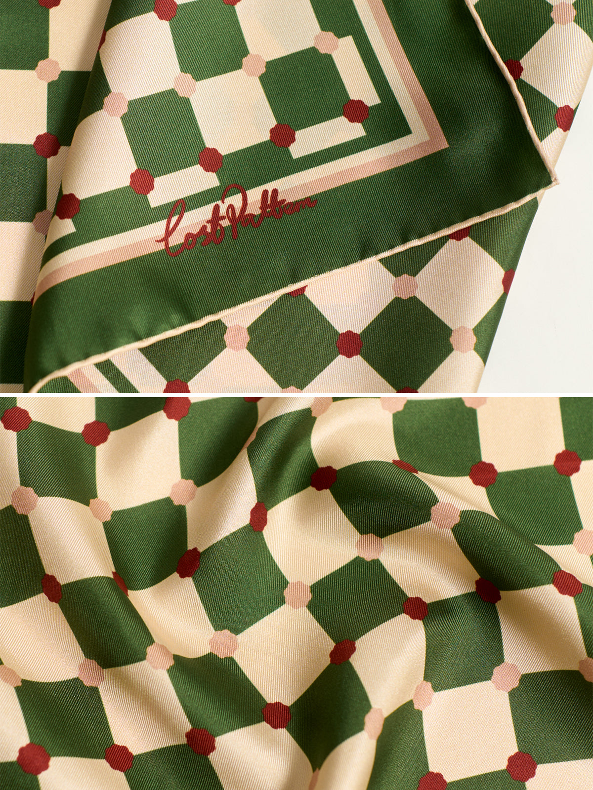 "Checkerboard" Silk Bandana Scarf - Green - Green - LOST PATTERN Silk Square Scarf