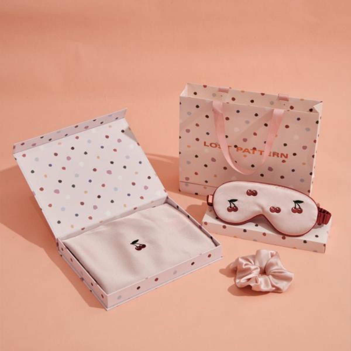 "Lost Cherries" 3 Piece Silk Gift Set - Silk Pillowcase & Silk Sleep Eye Mask & Silk Scrunchie - LOST PATTERN Pillowcase