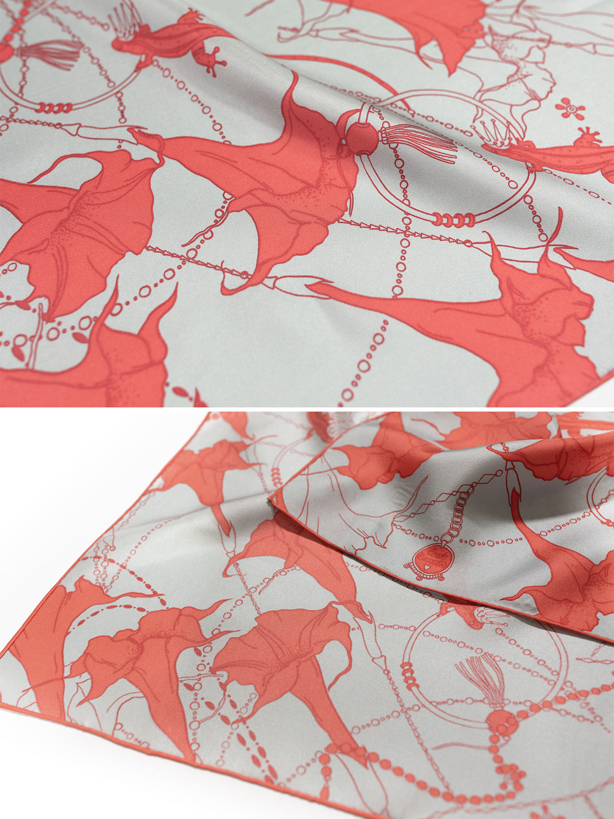 "Datura" Silk Bandana Scarf - Silver & Orange