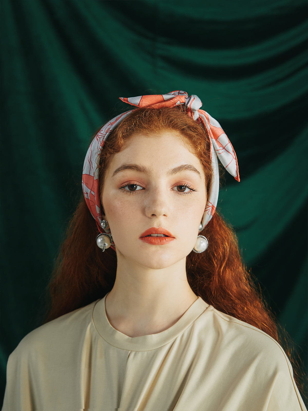 "Datura" Silk Bandana Scarf - Silver & Orange