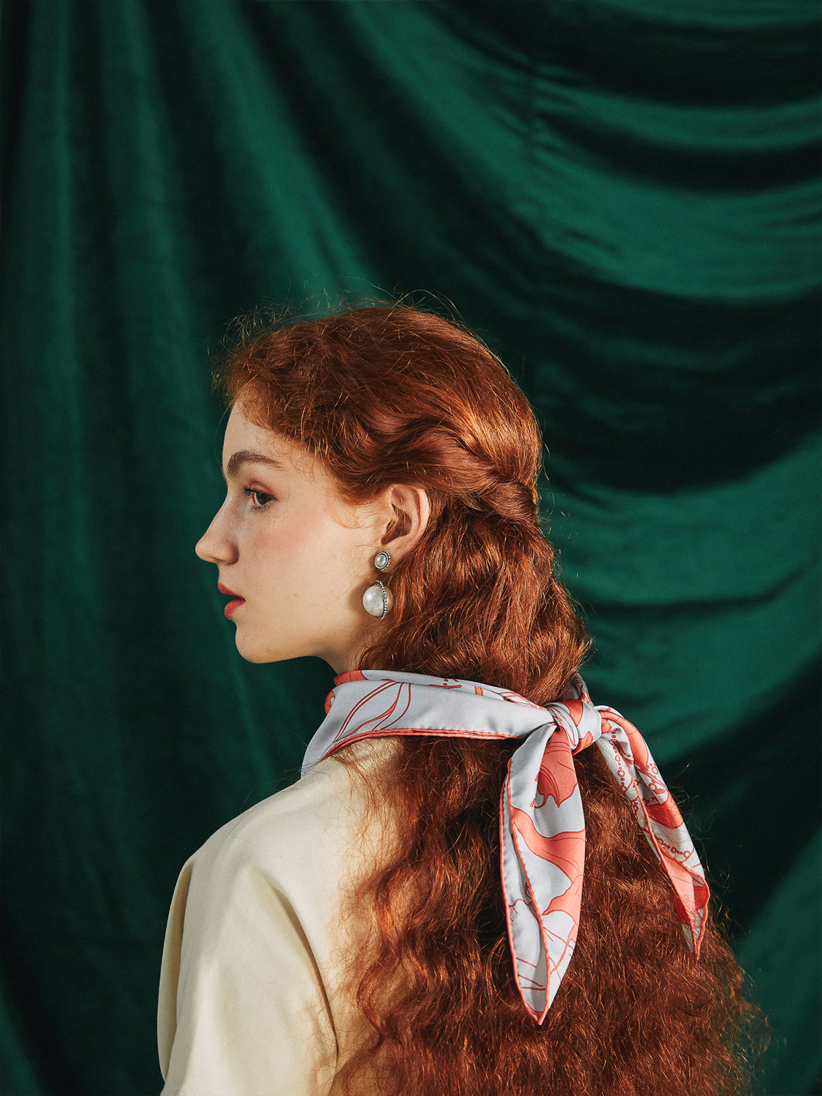 "Datura" Silk Bandana Scarf - Silver & Orange