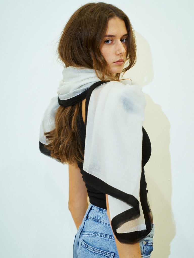 Silk-Bordered Cashmere Shawl - Black & White