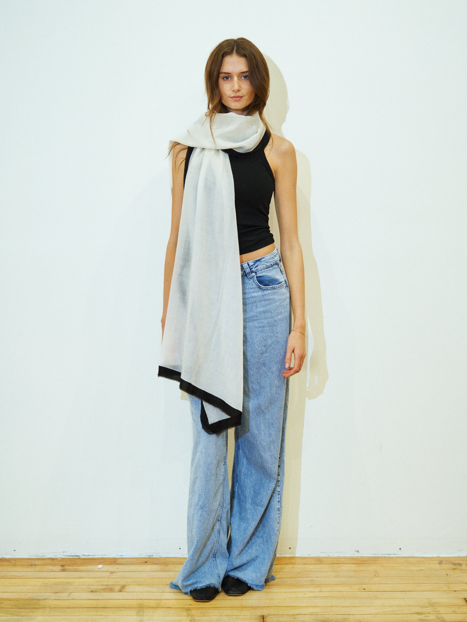 Silk-Bordered Cashmere Shawl - Black & White