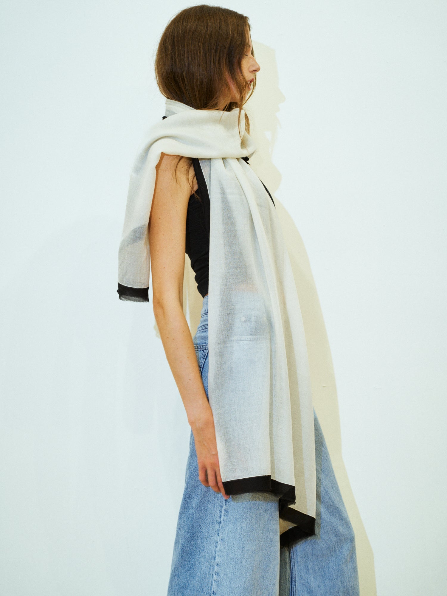 Silk-Bordered Cashmere Shawl - Black & White