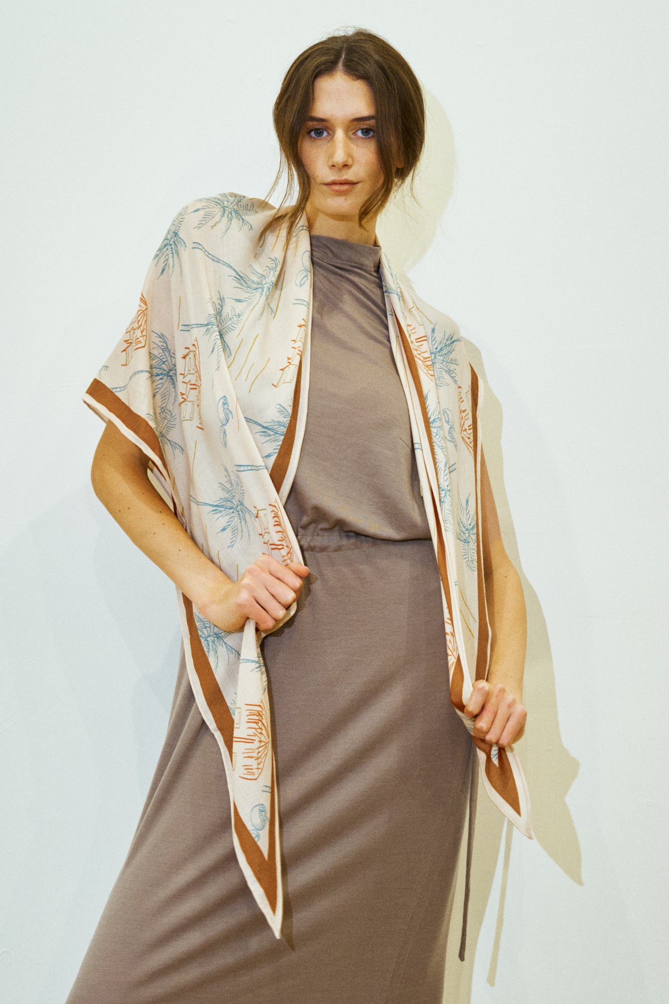 "Tropical Dream" Wool-Silk Triangle Wrap Scarf - Beige
