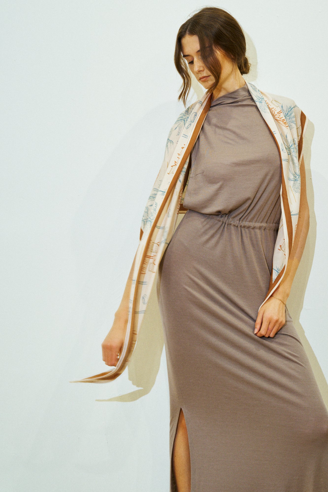 "Tropical Dream" Wool-Silk Triangle Wrap Scarf - Beige