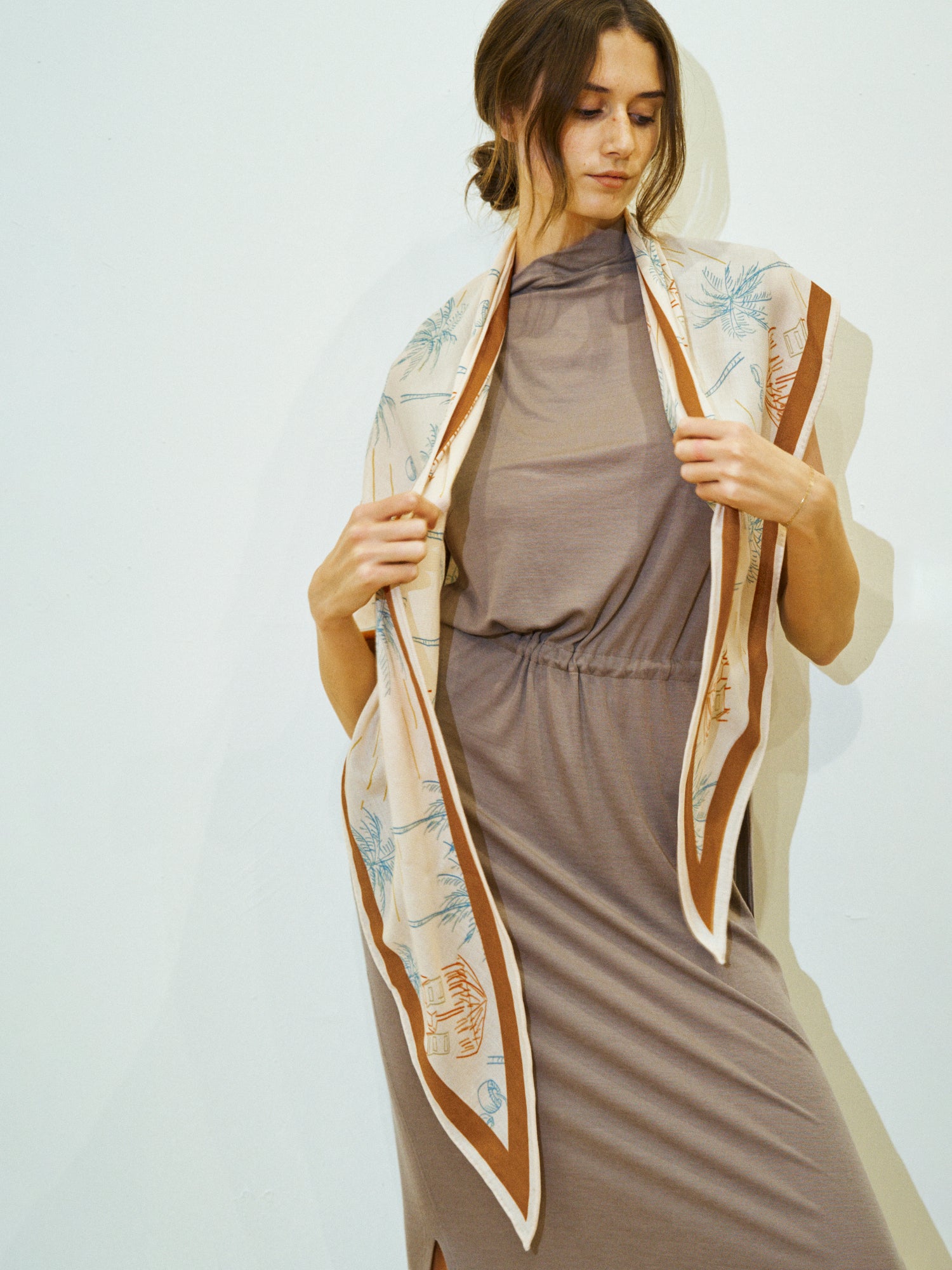 "Tropical Dream" Wool-Silk Triangle Wrap Scarf - Beige