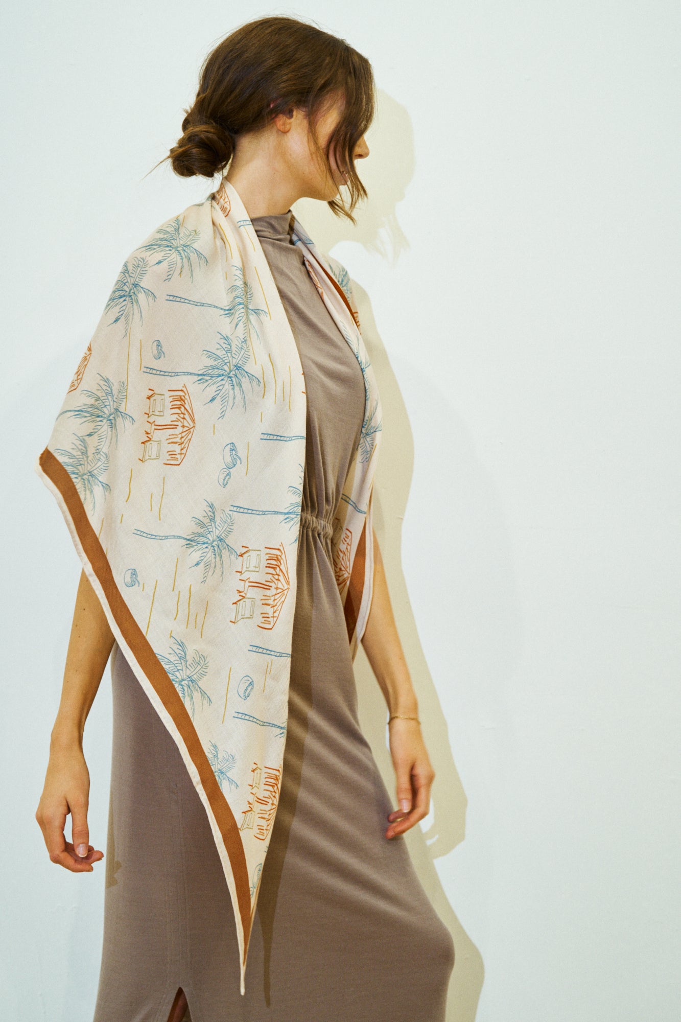 "Tropical Dream" Wool-Silk Triangle Wrap Scarf - Beige