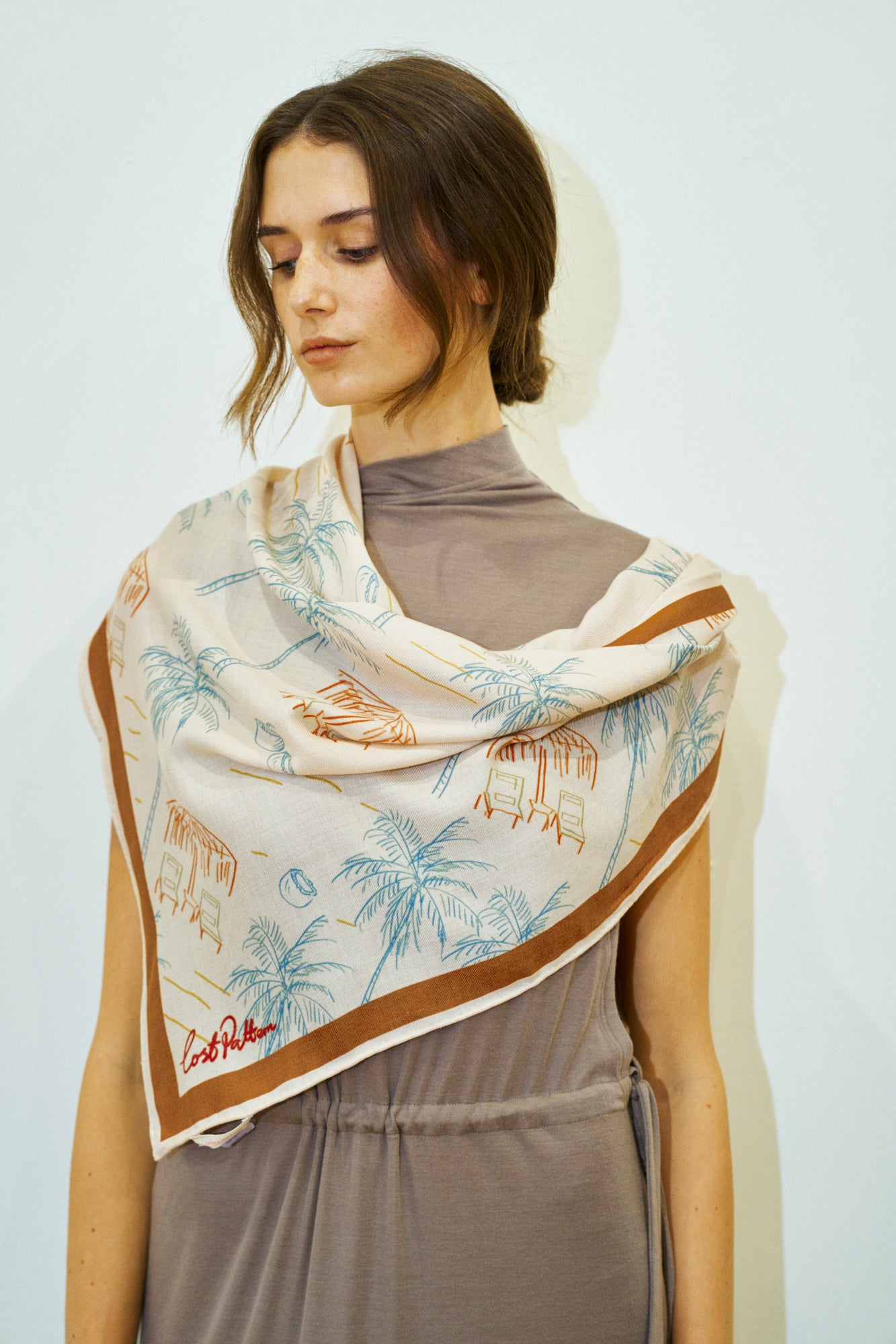 "Tropical Dream" Wool-Silk Triangle Wrap Scarf - Beige