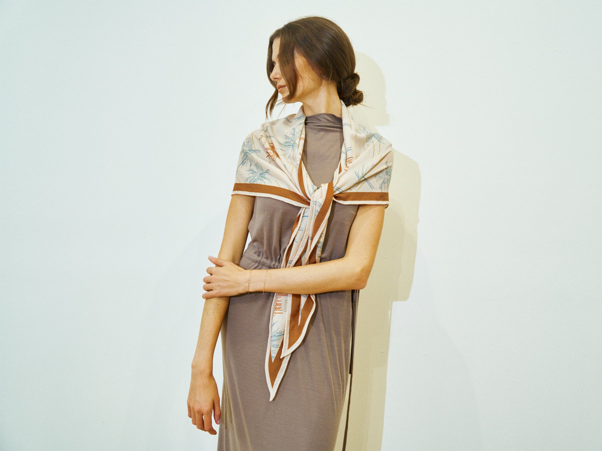 "Tropical Dream" Wool-Silk Triangle Wrap Scarf - Beige