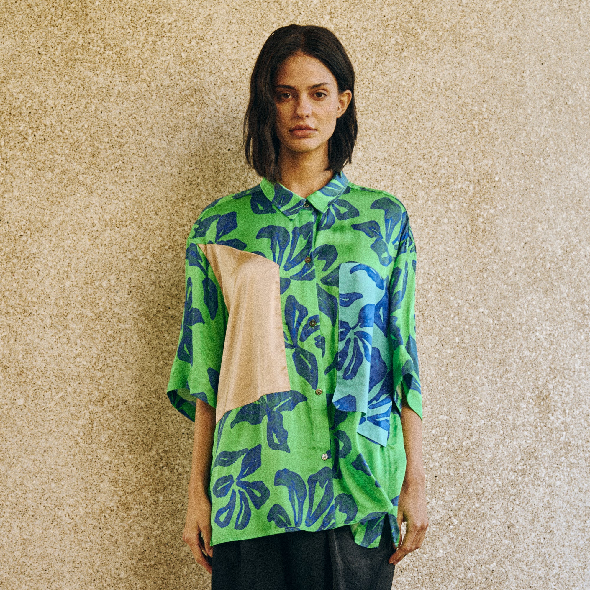 "Tropical Bliss" Patchwork Oversized Shirt - Green