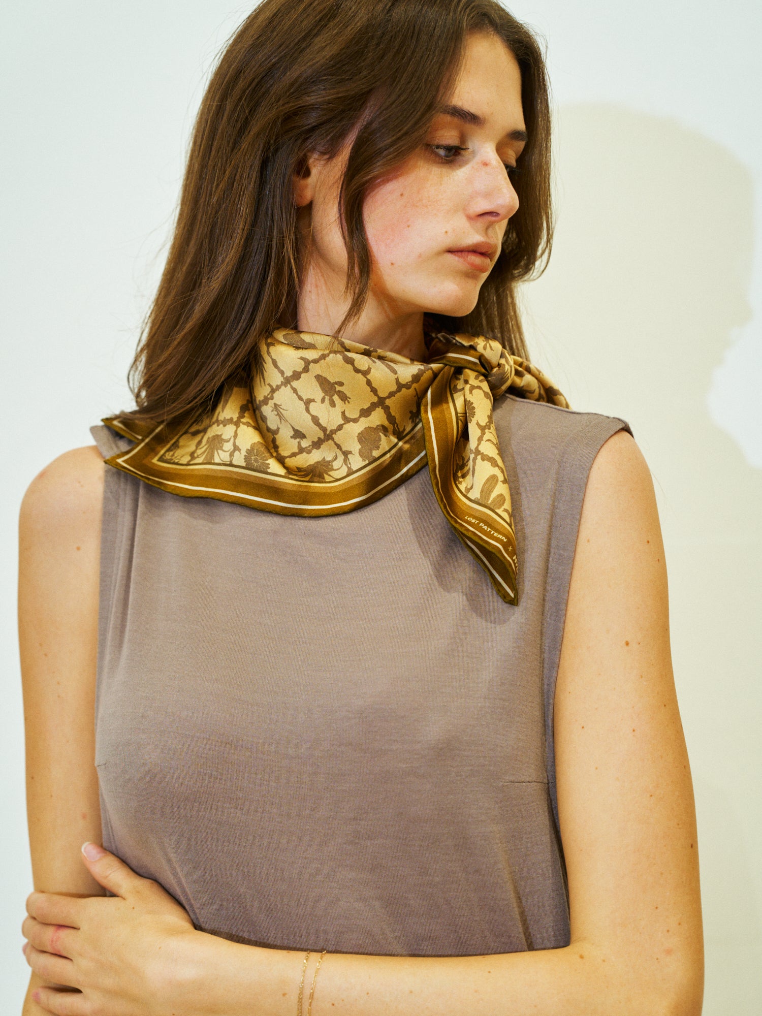 Lost Pattern x NYBG "Oasis Charms" Silk Bandana Scarf  - Coffee