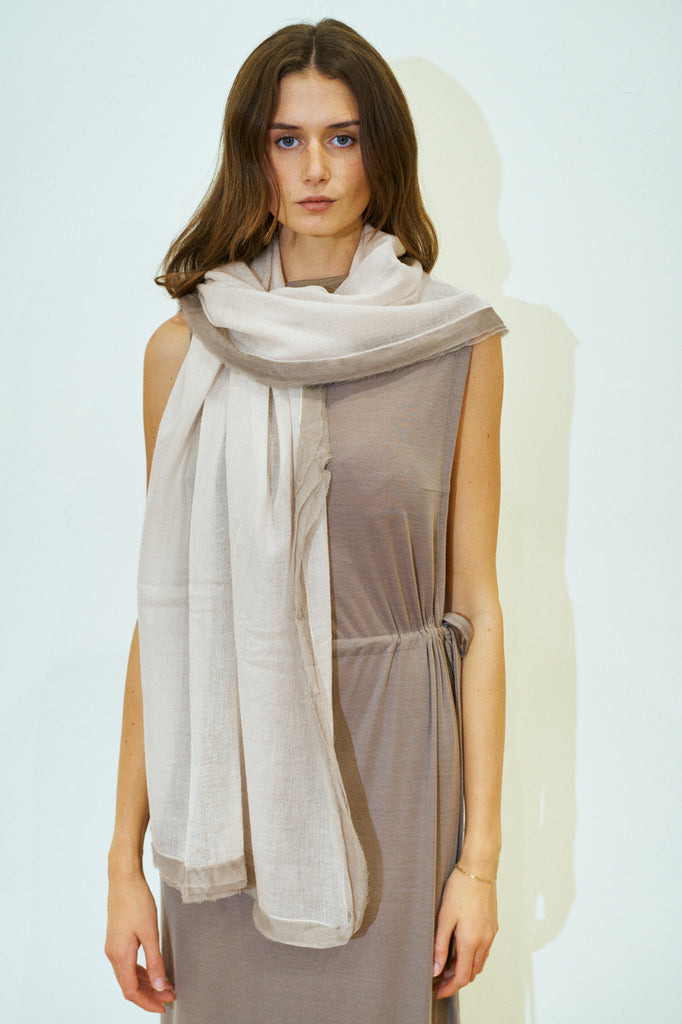 Silk-Bordered Cashmere Shawl - Beige & Grey
