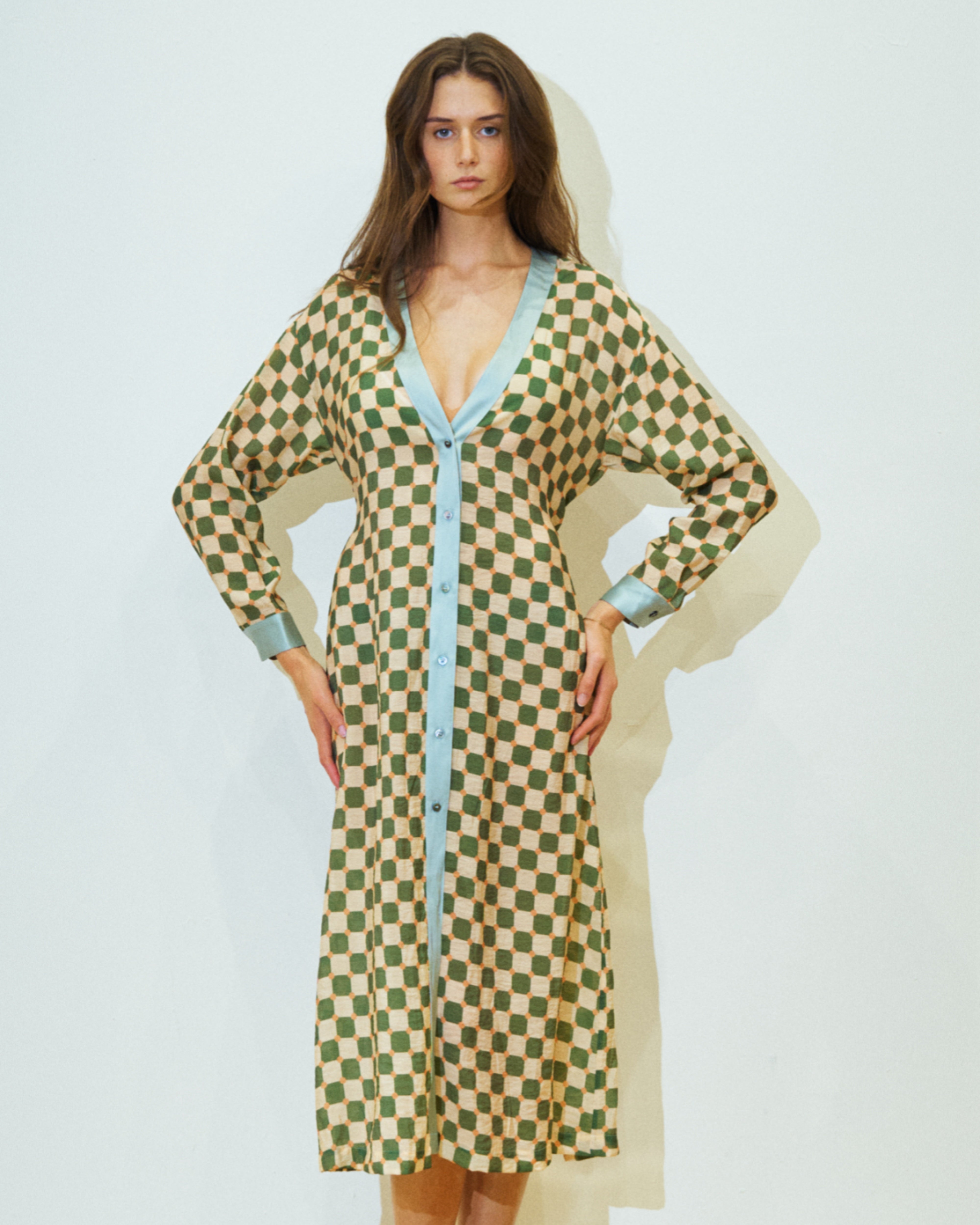 "Checkerboard" Belted Kaftan Dress