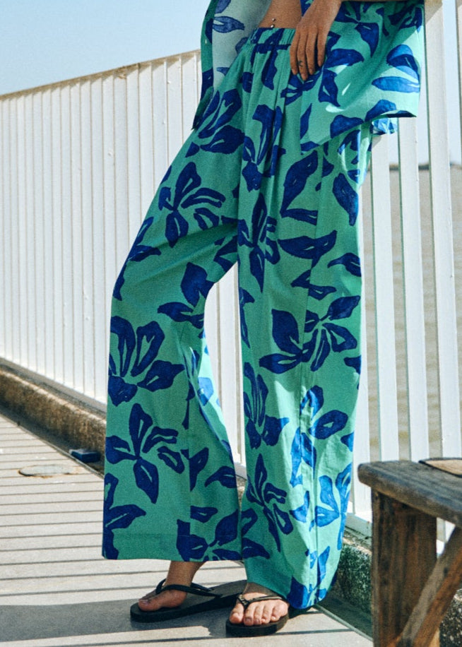 “Tropical Bliss” Wide-Leg Pants - Ocean Blue