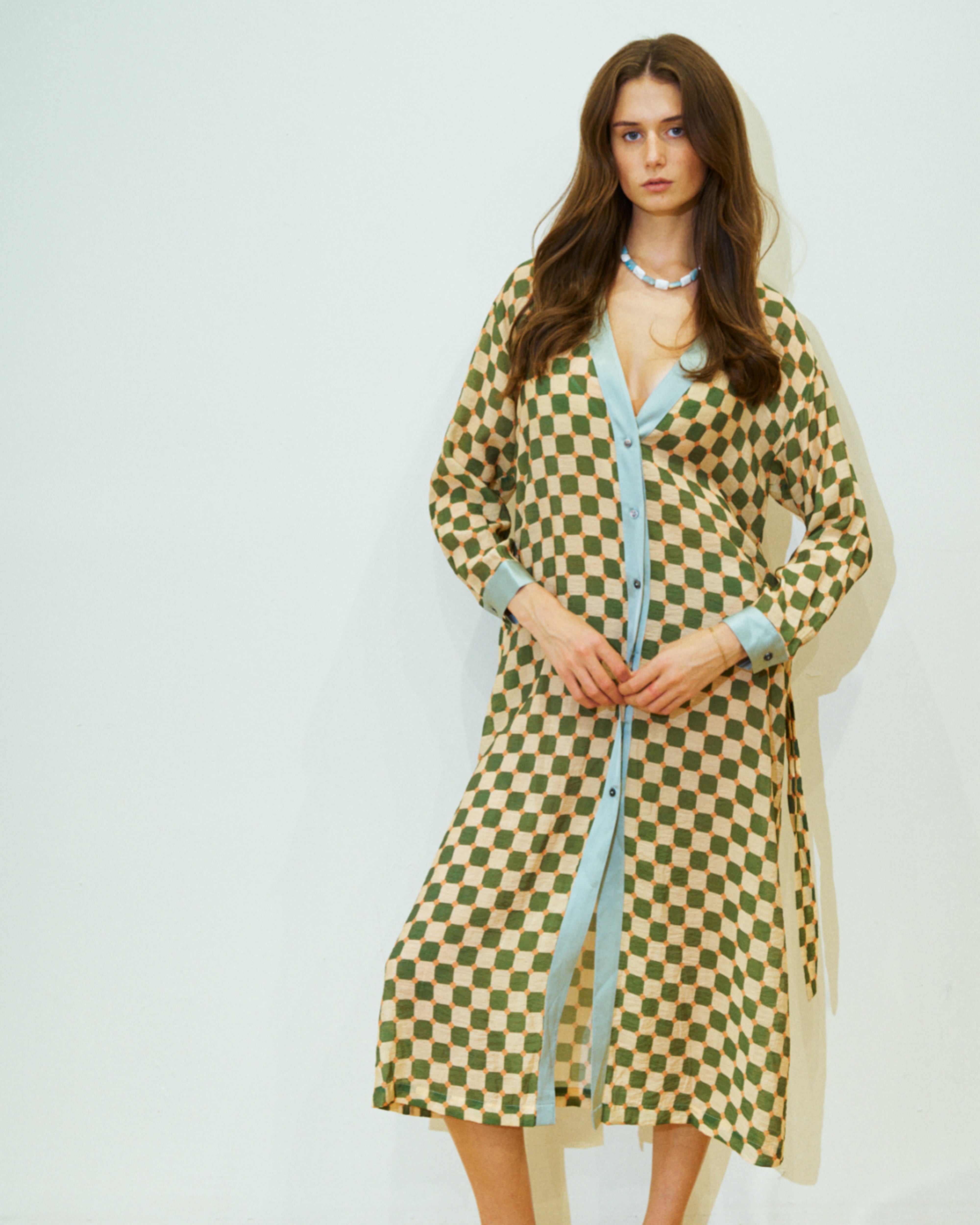 "Checkerboard" Belted Kaftan Dress