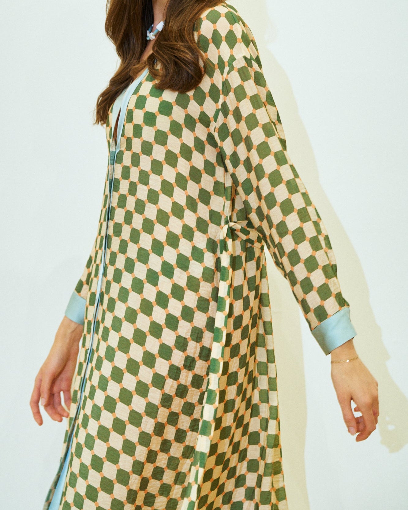 "Checkerboard" Belted Kaftan Dress