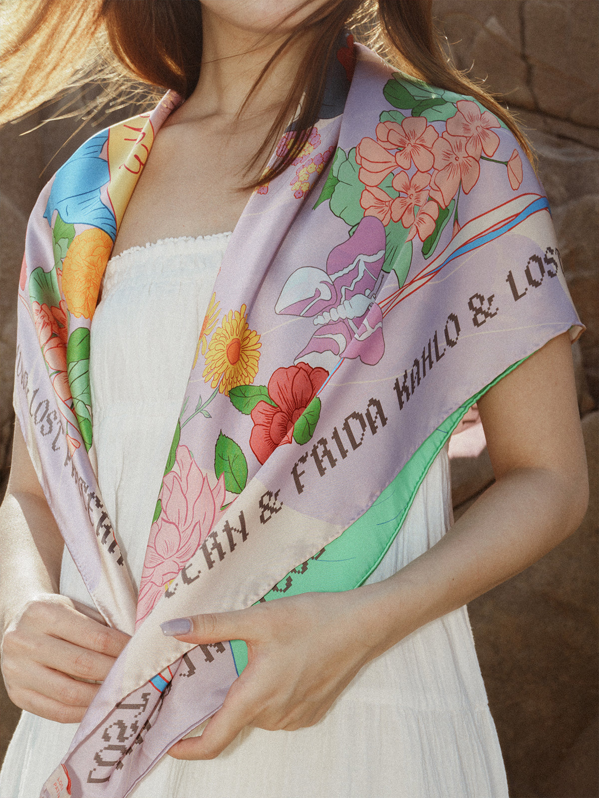 FRIDA x LOST PATTERN "Los Amores de Frida" Large Silk Scarf - Pink & Purple - LOST PATTERN Silk Square Scarf