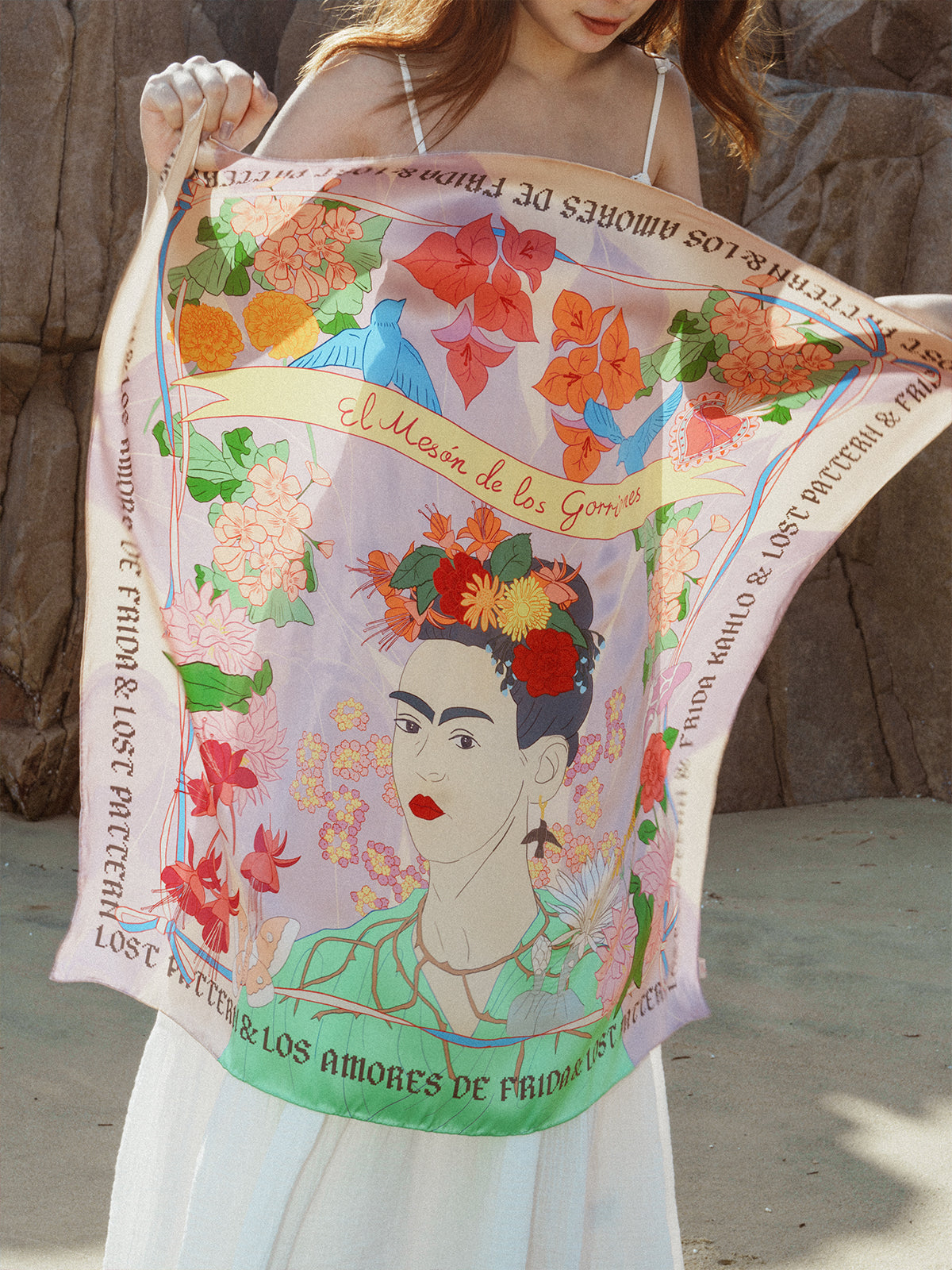 FRIDA x LOST PATTERN "Los Amores de Frida" Large Silk Scarf - Pink & Purple - LOST PATTERN Silk Square Scarf