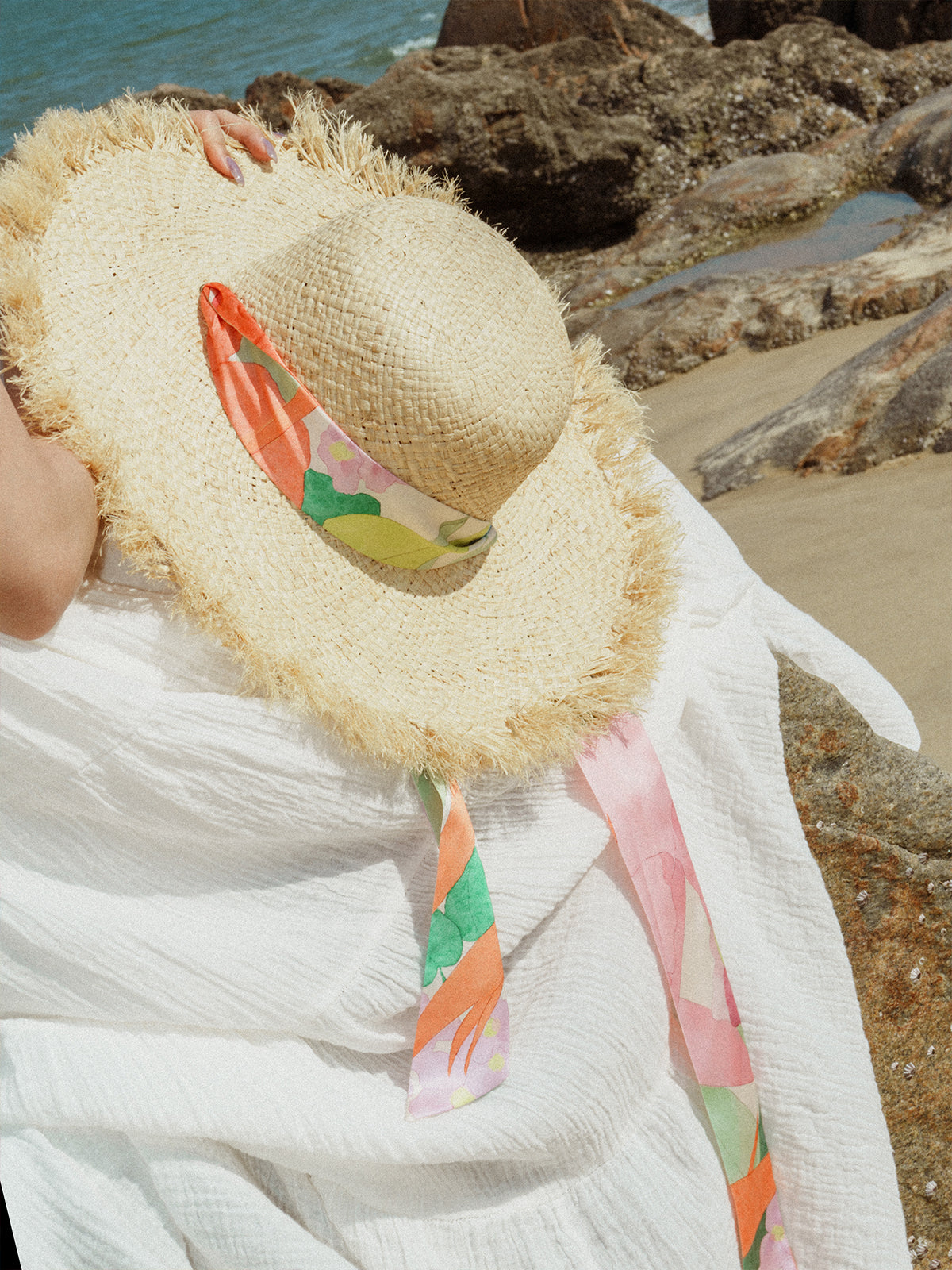 "Cartagena" Straw Hat with Ribbon Tie - Pink & Green - LOST PATTERN Hats