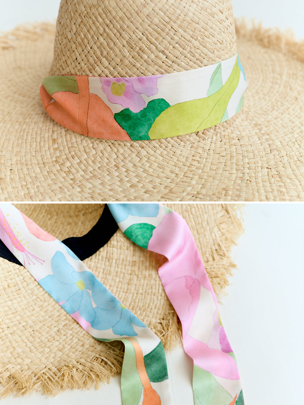 "Cartagena" Straw Hat with Ribbon Tie - Pink & Green - LOST PATTERN Hats