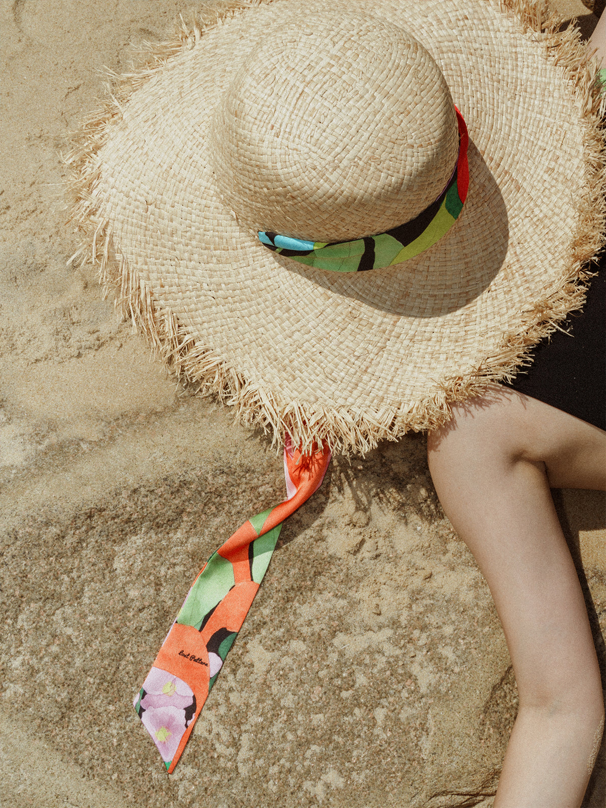 "Cartagena" Straw Hat with Ribbon Tie - Black & Orange - LOST PATTERN Hats