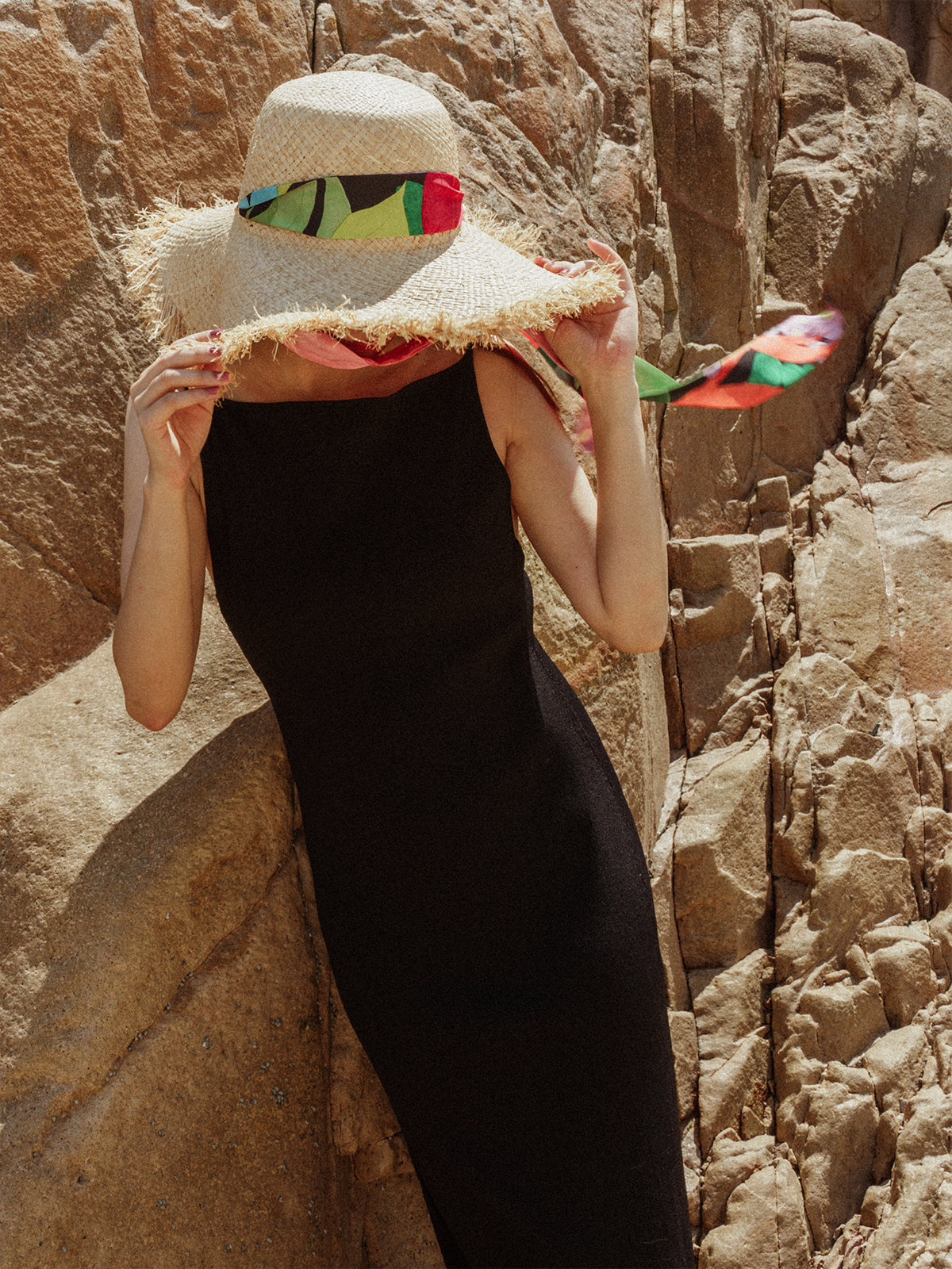 "Cartagena" Straw Hat with Ribbon Tie - Black & Orange - LOST PATTERN Hats