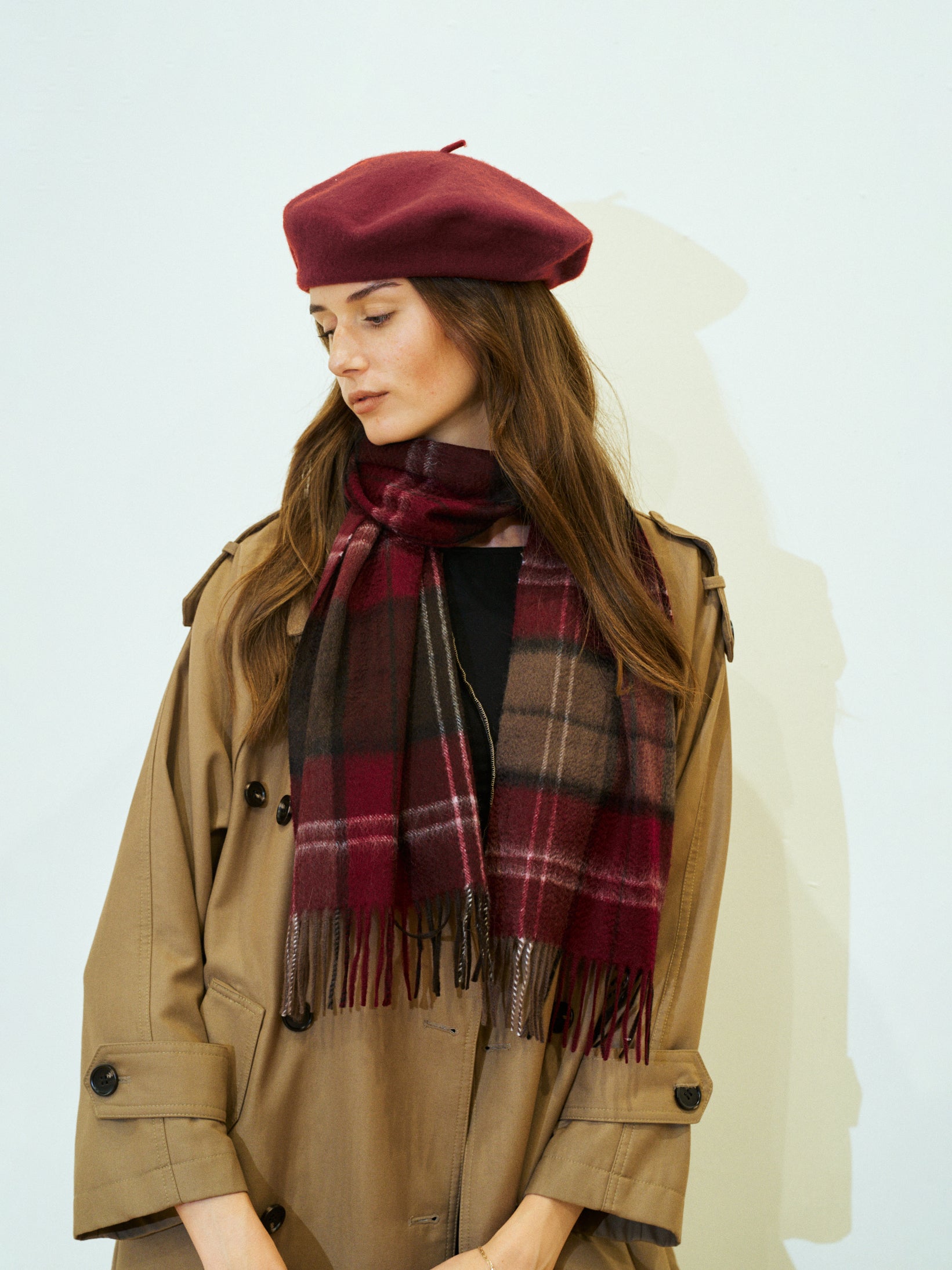 "Plaid" Cashmere Scarf - Dark Red