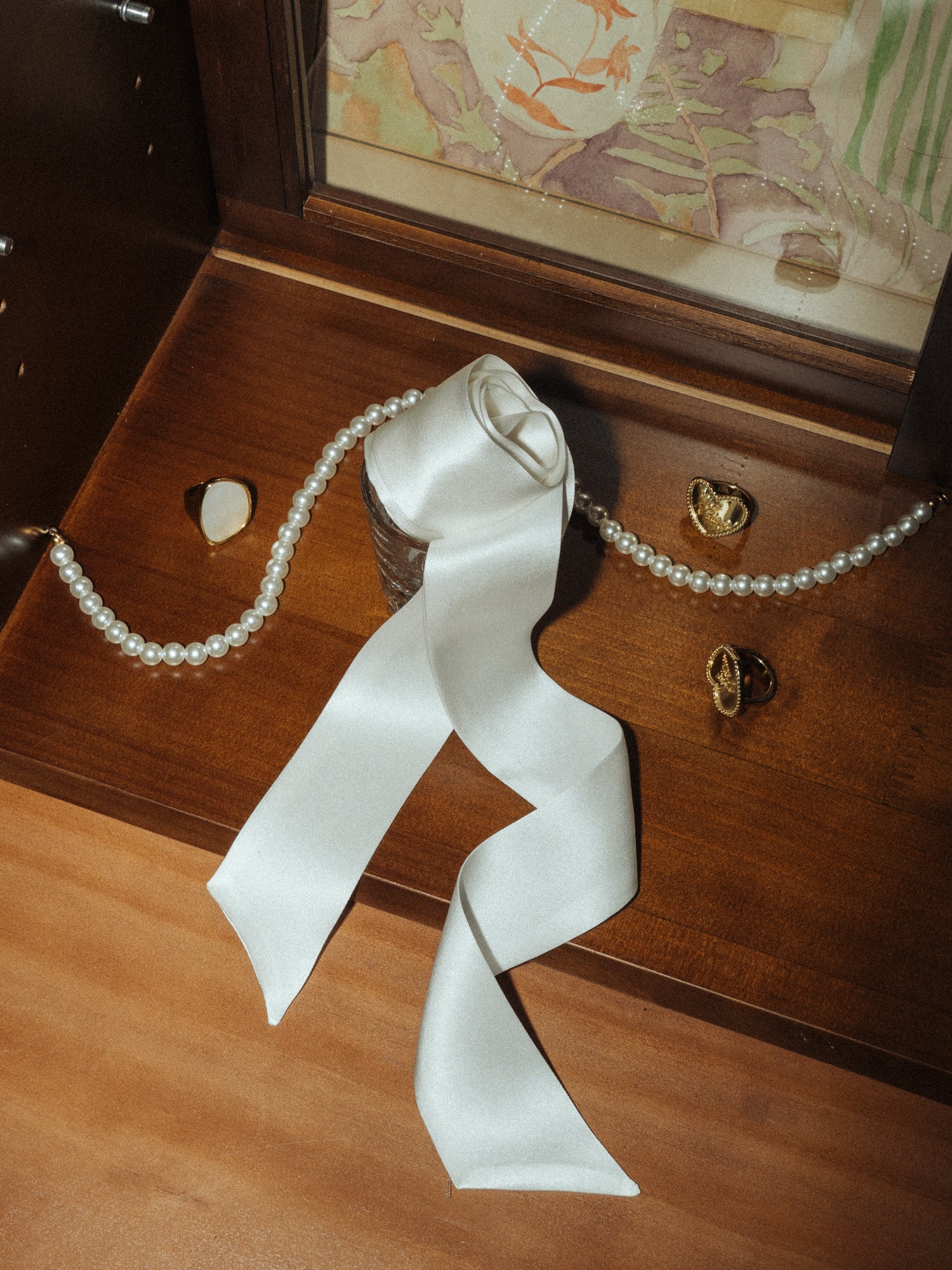 "La Collectionneuse" Silk Ribbon Scarf - White - LOST PATTERN Silk Skinny Scarf