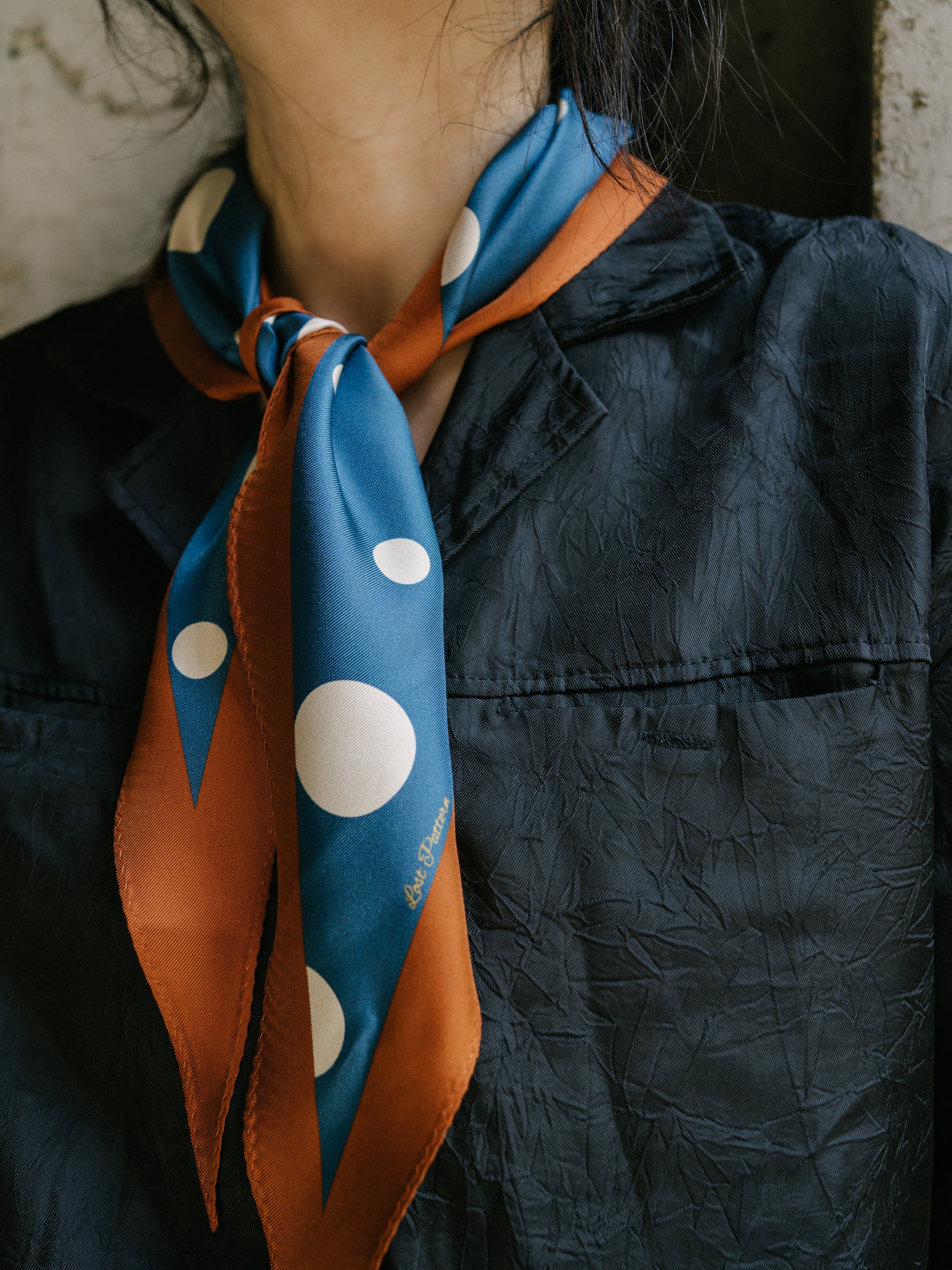 "Retro Polka" Silk Diamond Neckerchief - Salted Caramel
