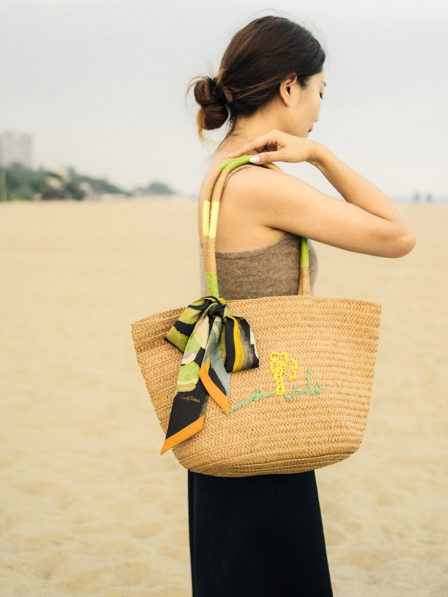 "Ethereal Mirage" Silk Twill Skinny Scarf - Dark Brown