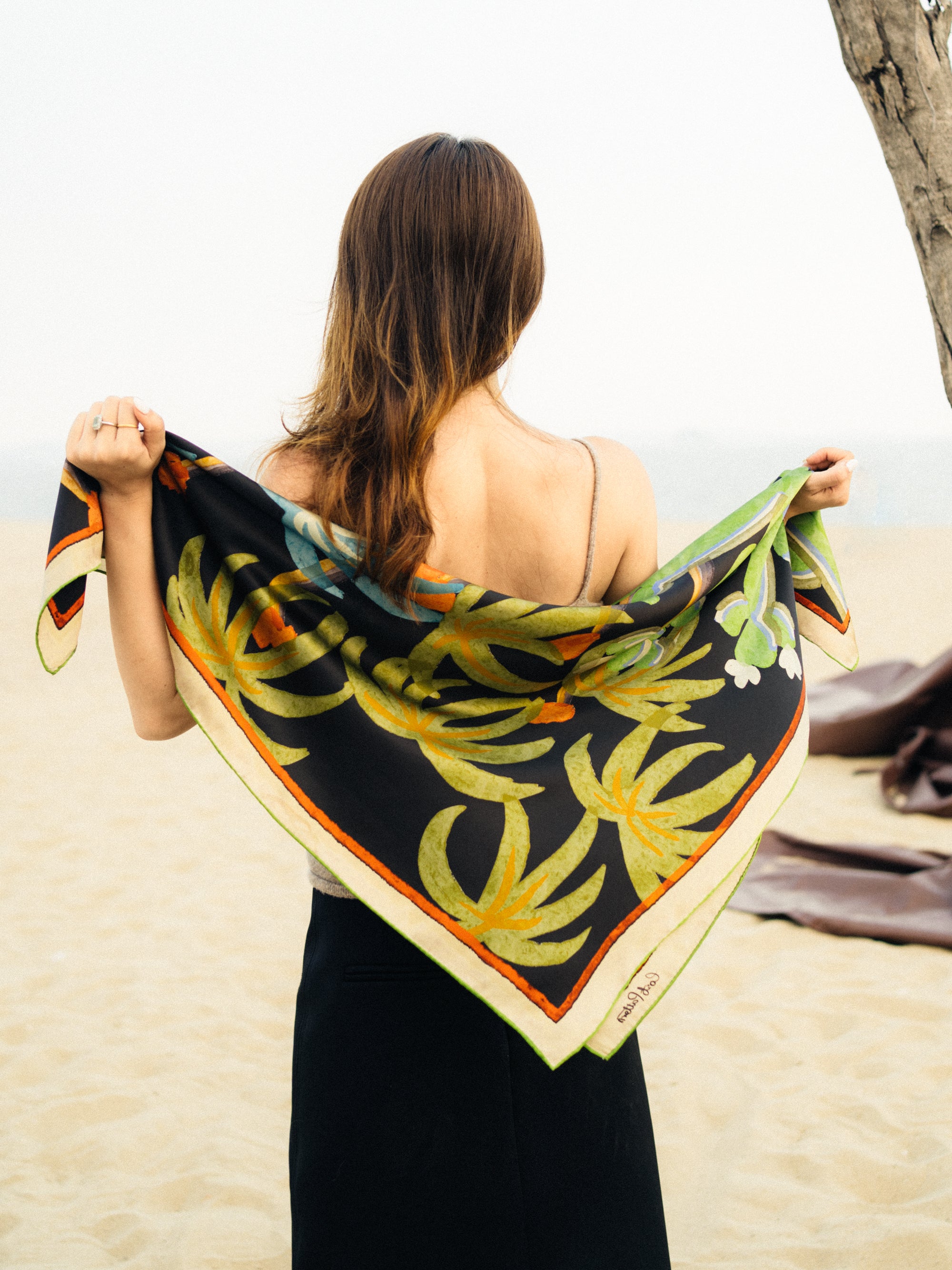 "Ethereal Mirage" Large Silk Scarf - Dark Brown