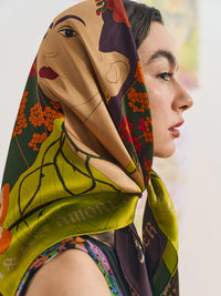 FRIDA X LOST PATTERN "Los Amores De Frida" Silk Pocket Square & Large Silk Scarf Set - Dark Green