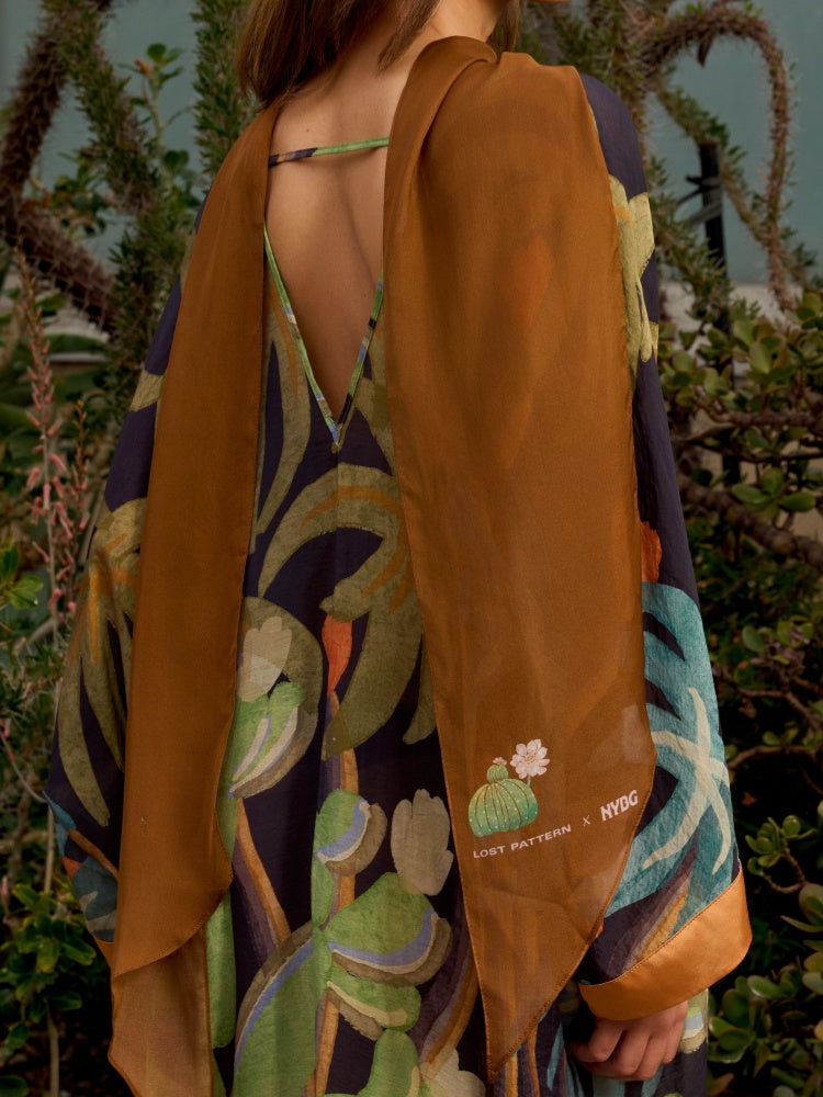 Lost Pattern x NYBG "Oasis Charms" Silk Chiffon Neck Scarf - Coffee