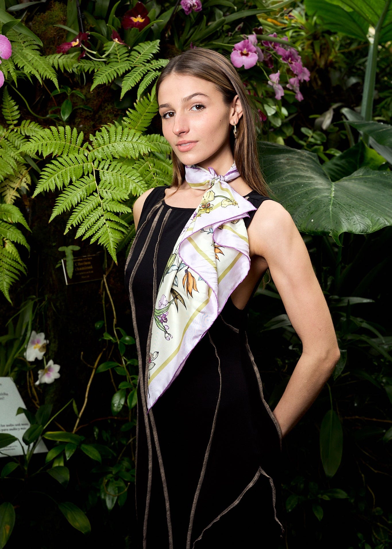 LOST PATTERN X NYBG "Orchid Symphony" Silk Bandana Scarf - Beige