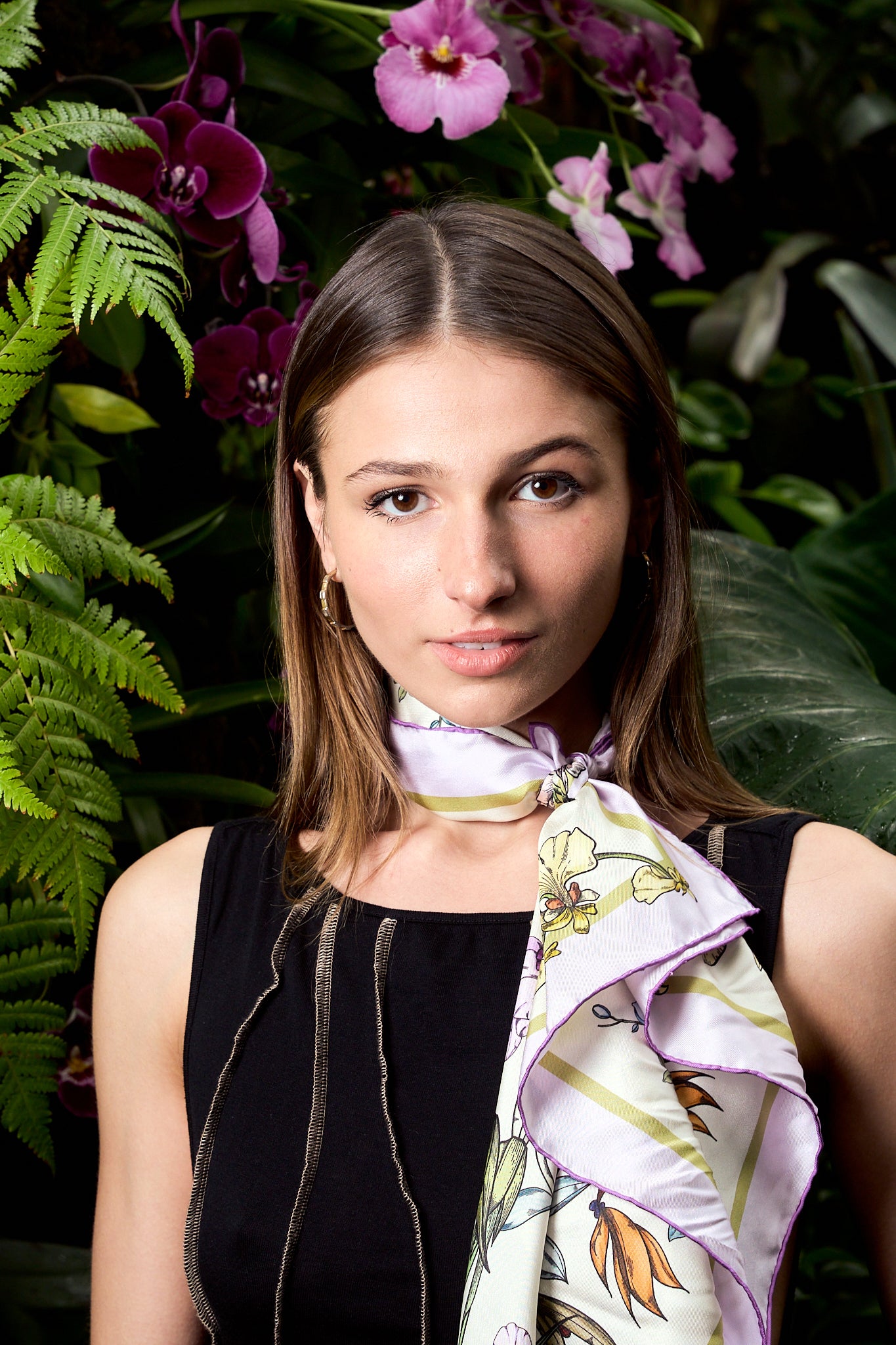 LOST PATTERN X NYBG "Orchid Symphony" Silk Bandana Scarf - Beige