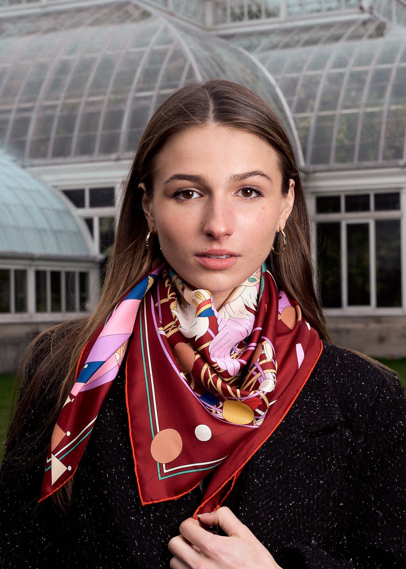 "Pop Pony" Silk Twill Large Square Scarf - Burgundy