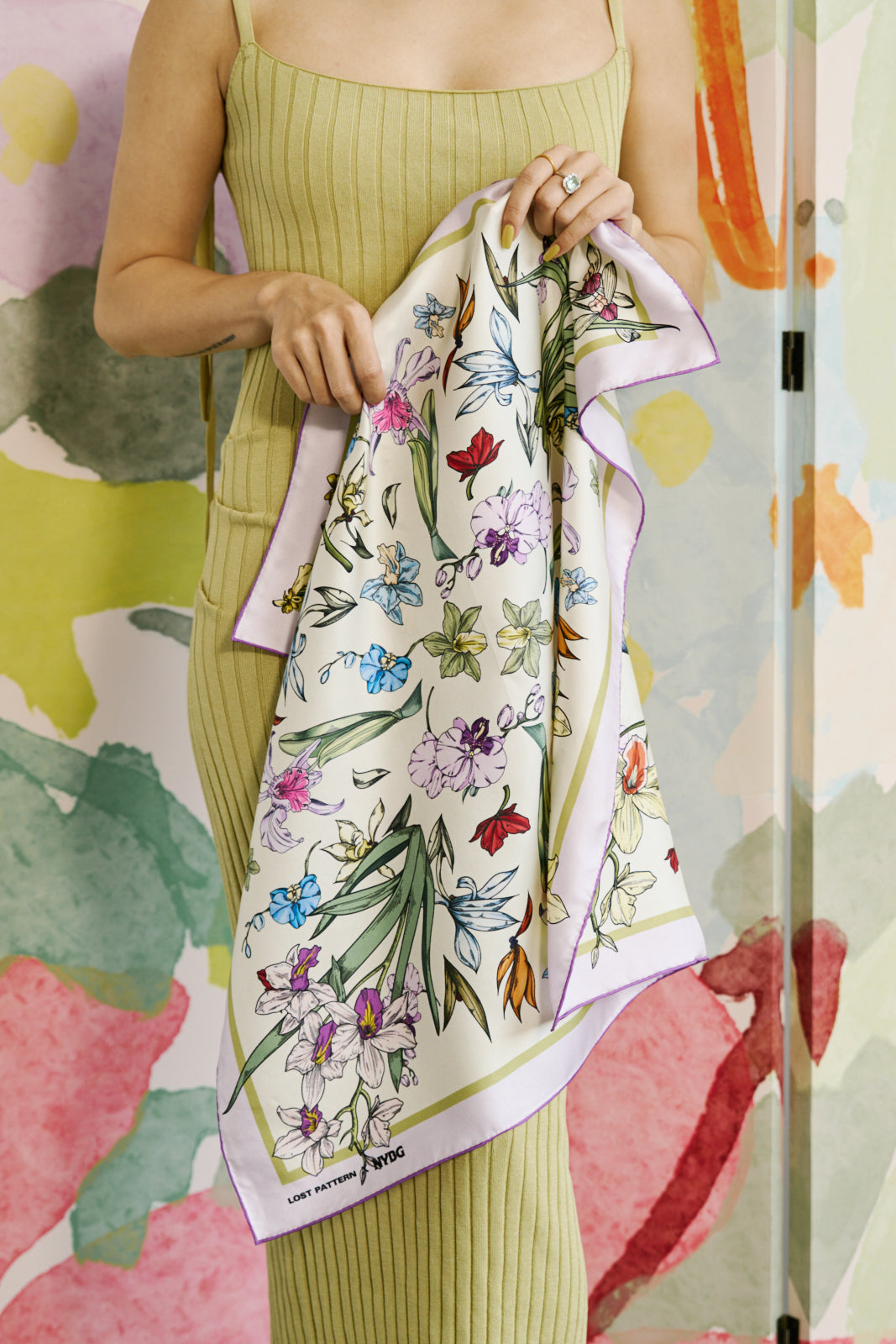 LOST PATTERN X NYBG "Orchid Symphony" Silk Bandana Scarf - Beige