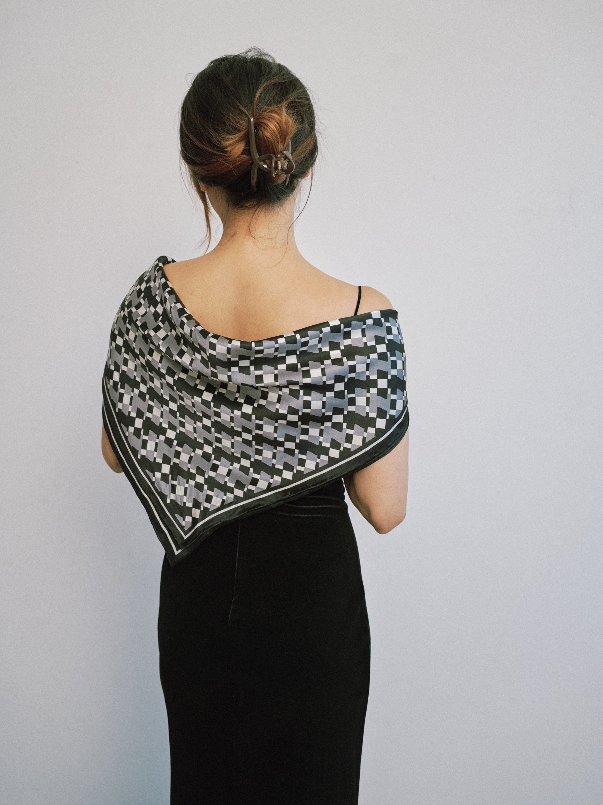 "Houndstooth Moderne" Silk Bandana Scarf - Grey