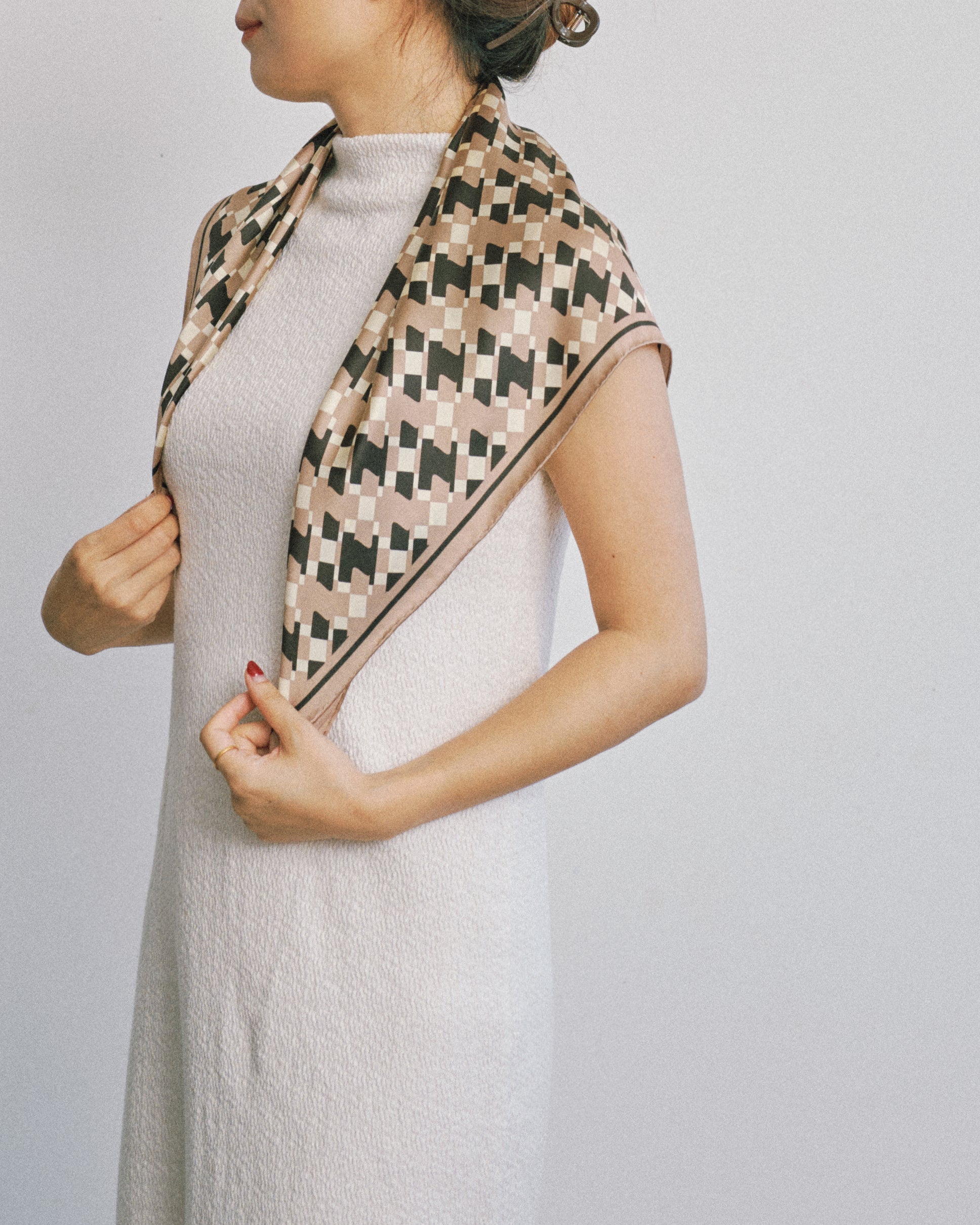 “Houndstooth Moderne” Silk Bandana Scarf - Coffee