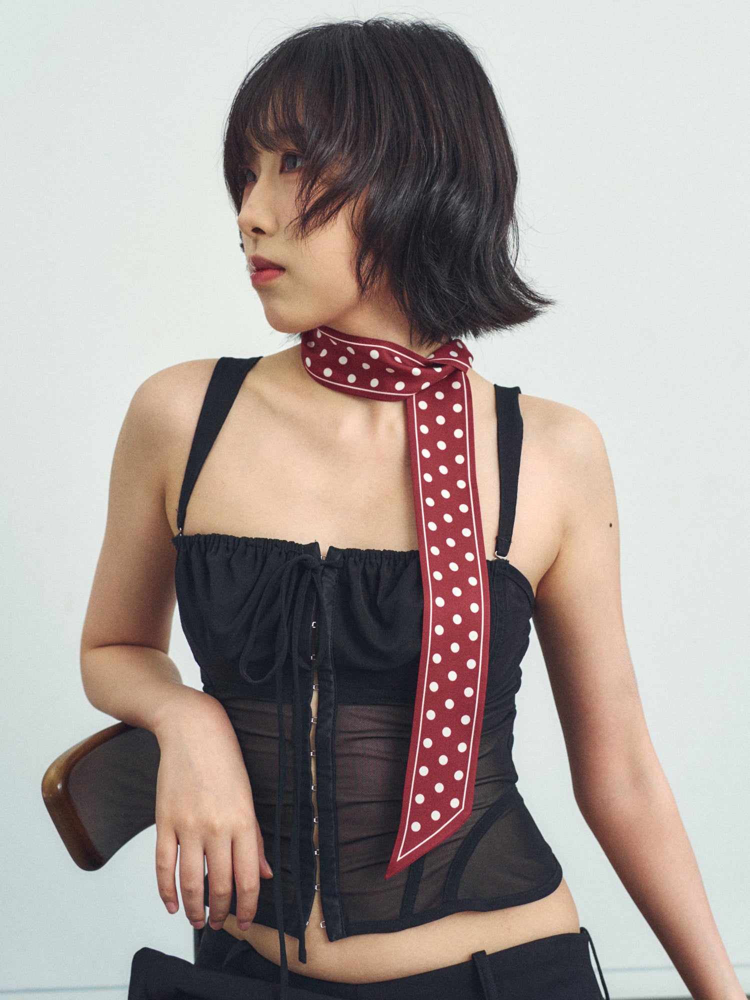 "Retro Polka" Silk Skinny Scarf - Burgundy
