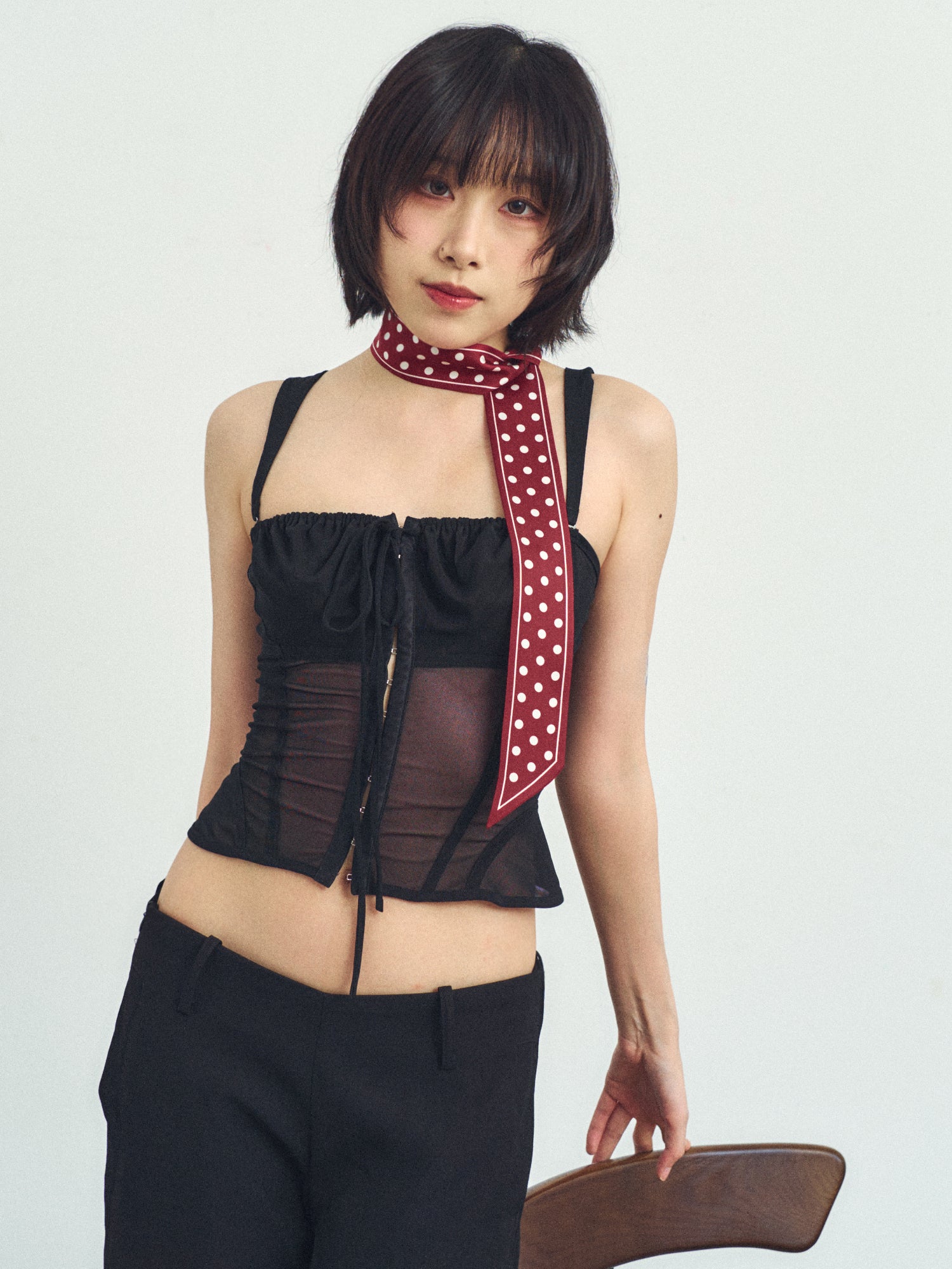 "Retro Polka" Silk Skinny Scarf - Burgundy