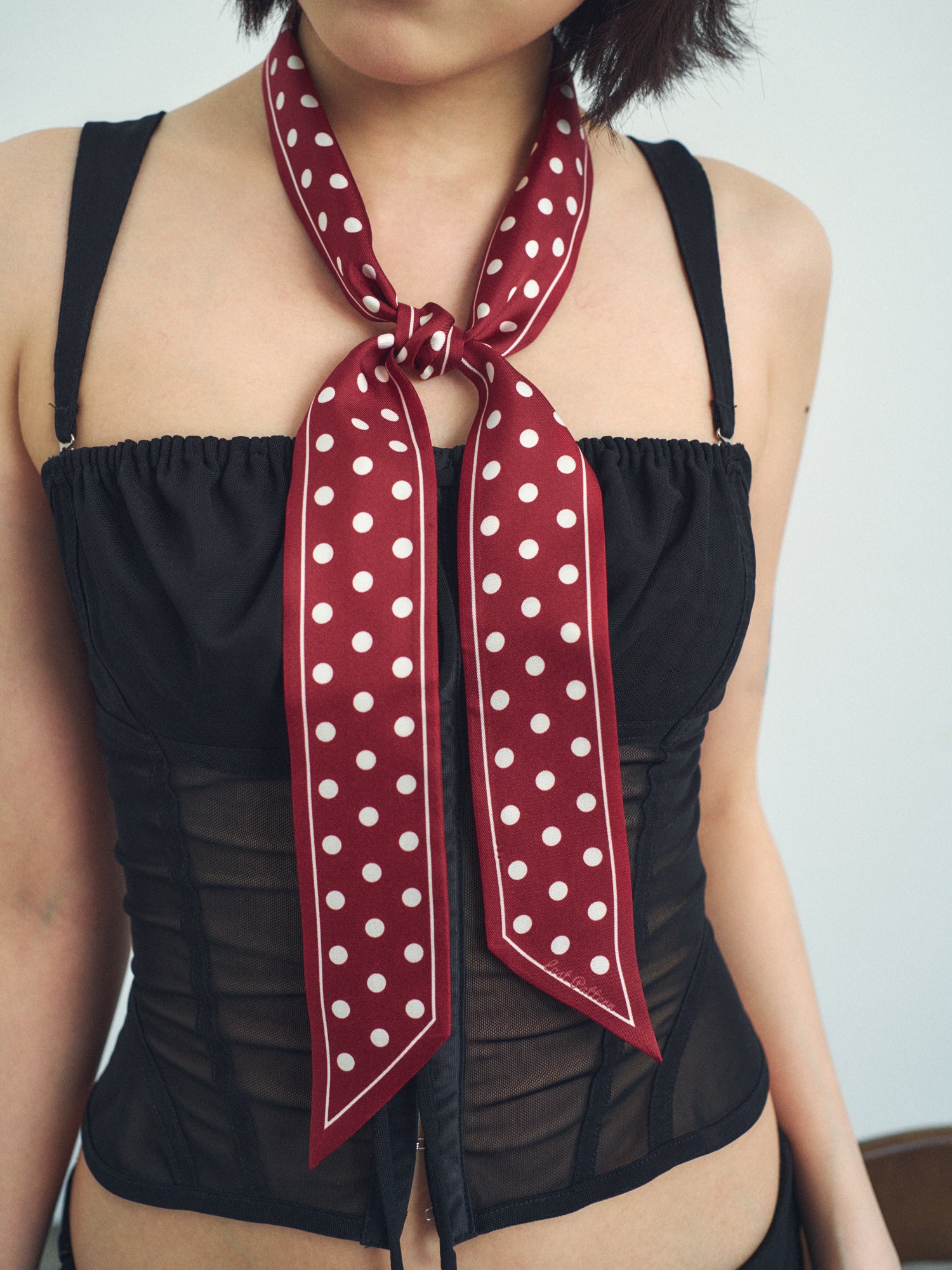 "Retro Polka" Silk Skinny Scarf - Burgundy
