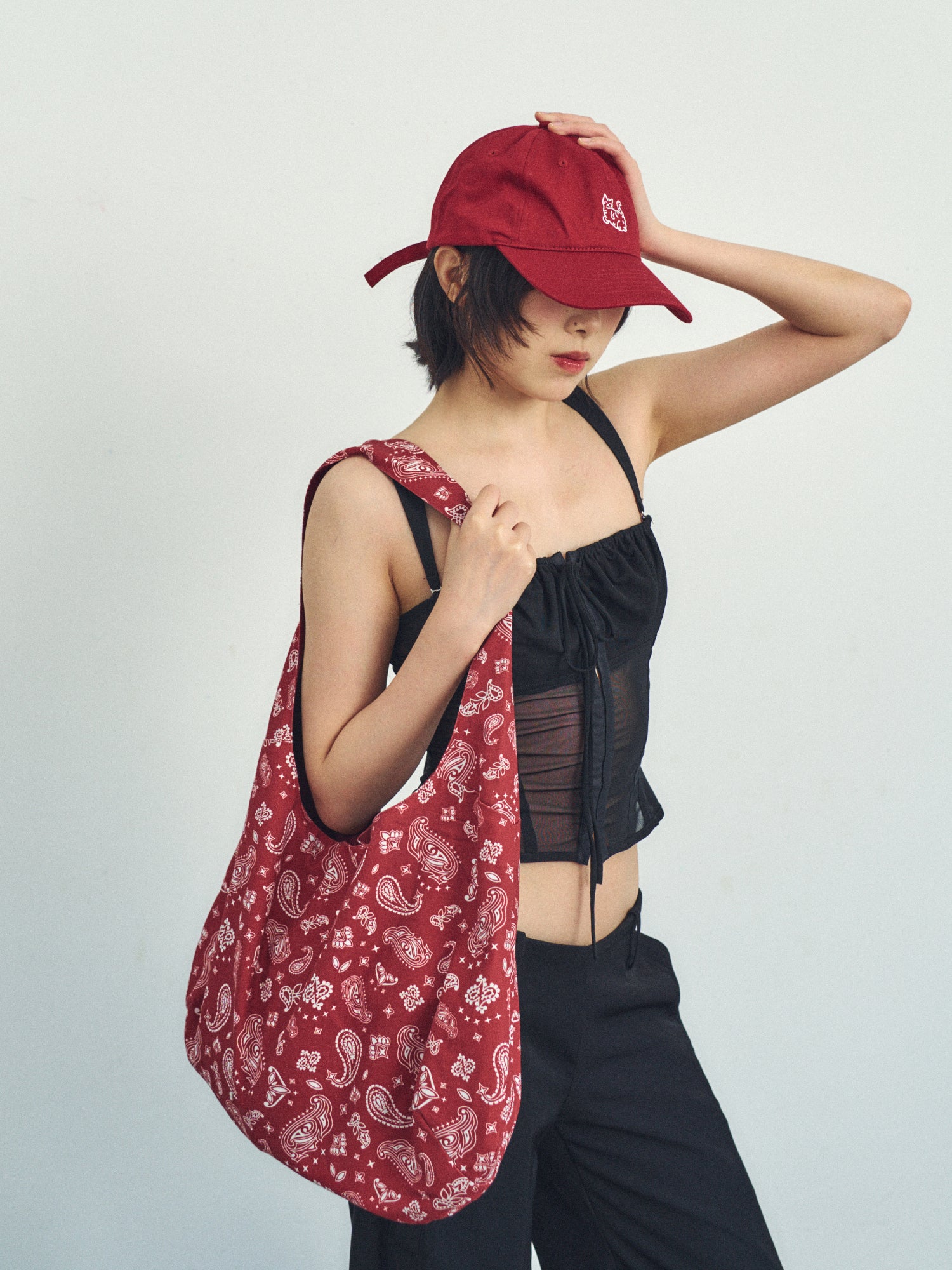 "Paisley" Cotton Hobo Shoulder Bag - Retro Red