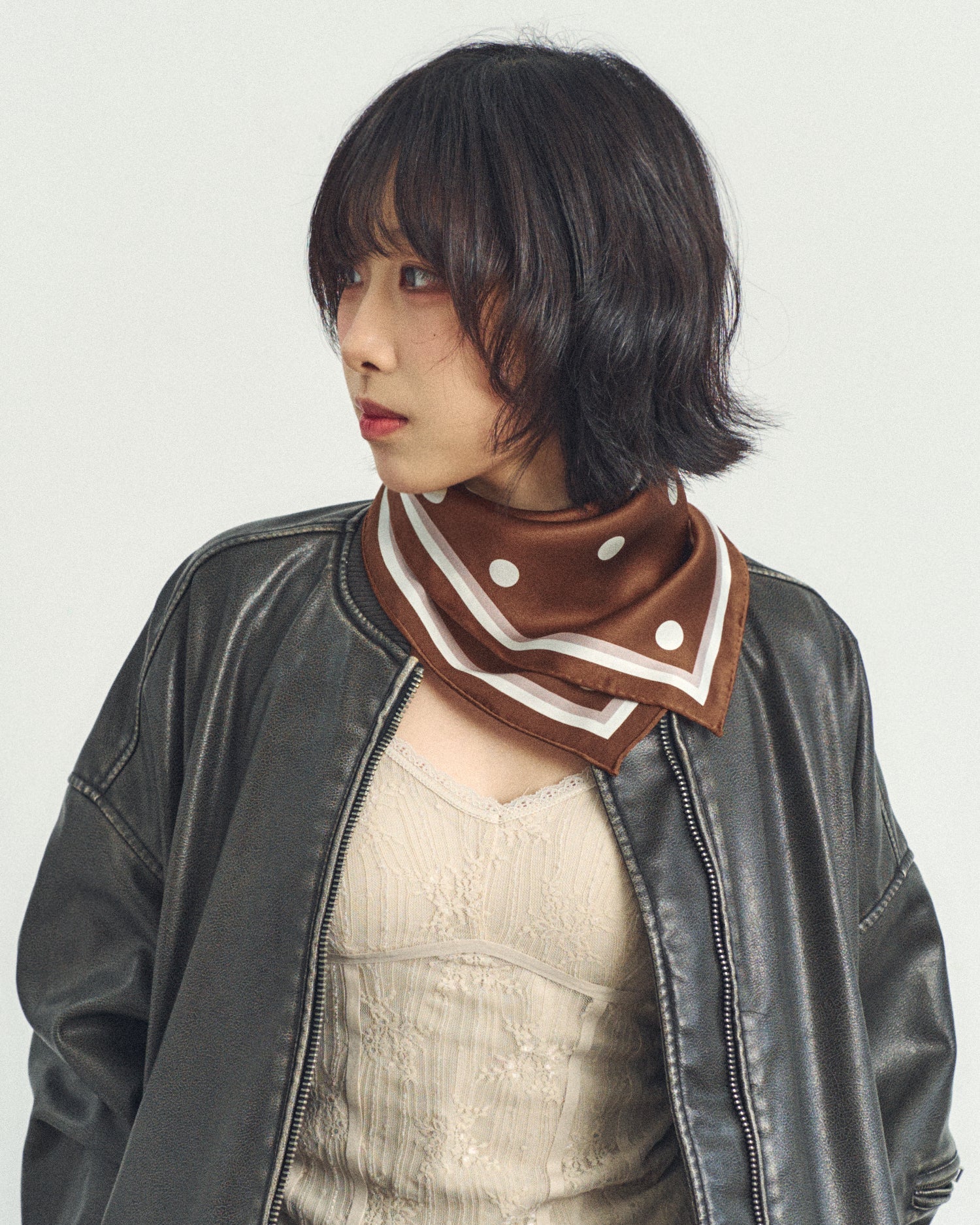 "Retro Polka" Silk Bandana Scarf - Cafe Au Lait
