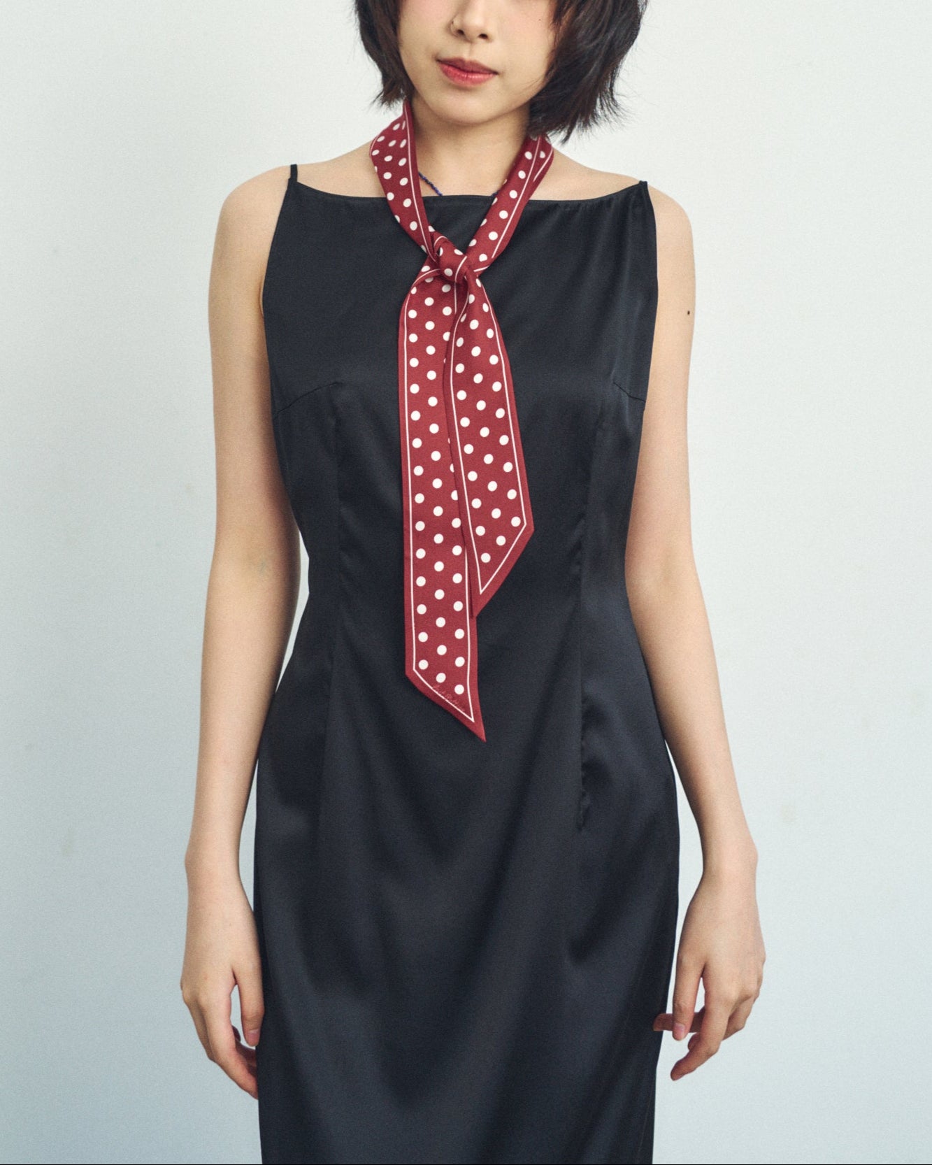 Retro Polka Silk Twill Skinny Scarf - Burgundy Retro Polka Silk Twill Skinny Scarf - Burgundy